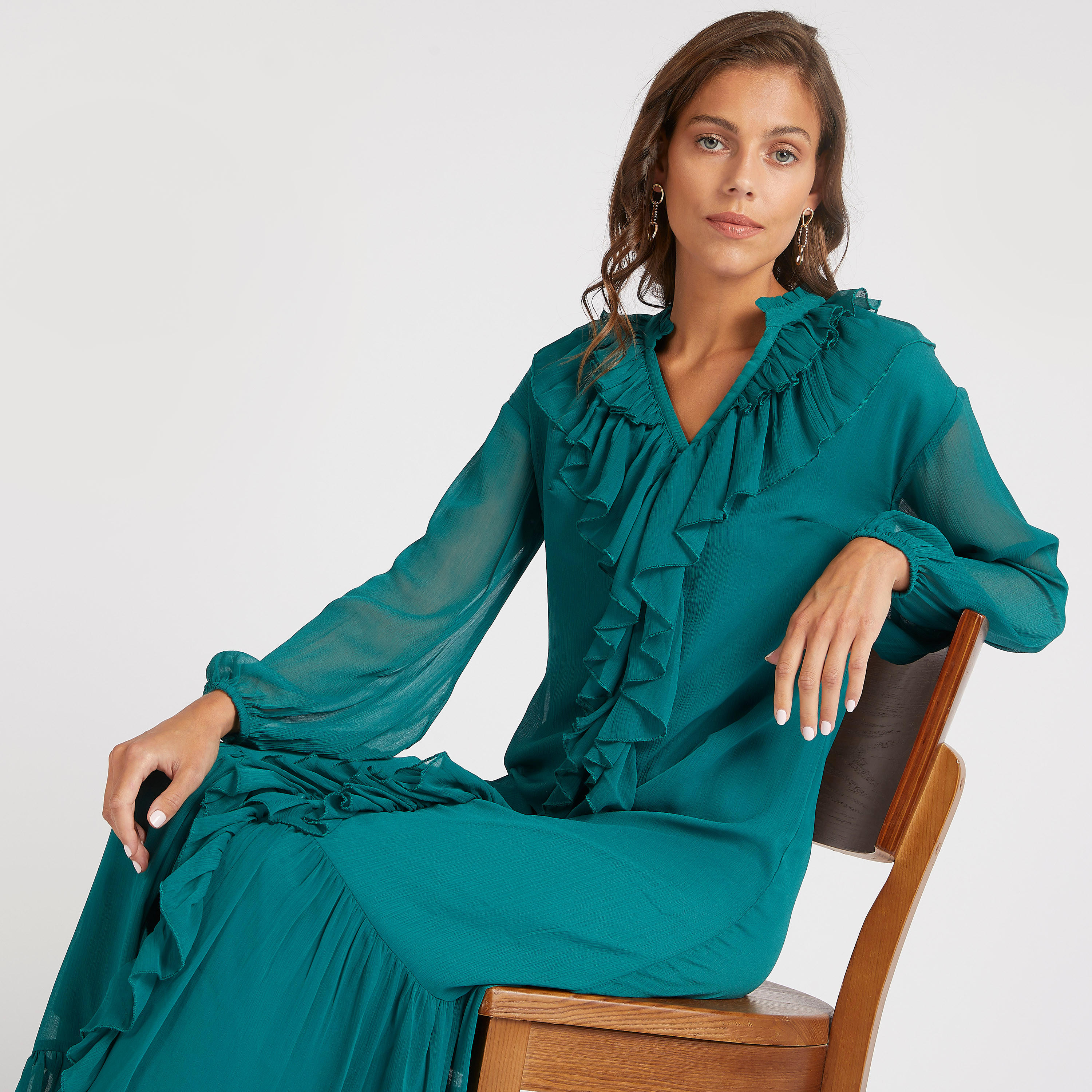 فستان طويل إيه لاين بارز الملمس بأكمام كشكش طويلة-women-clothing-dresses-image-1