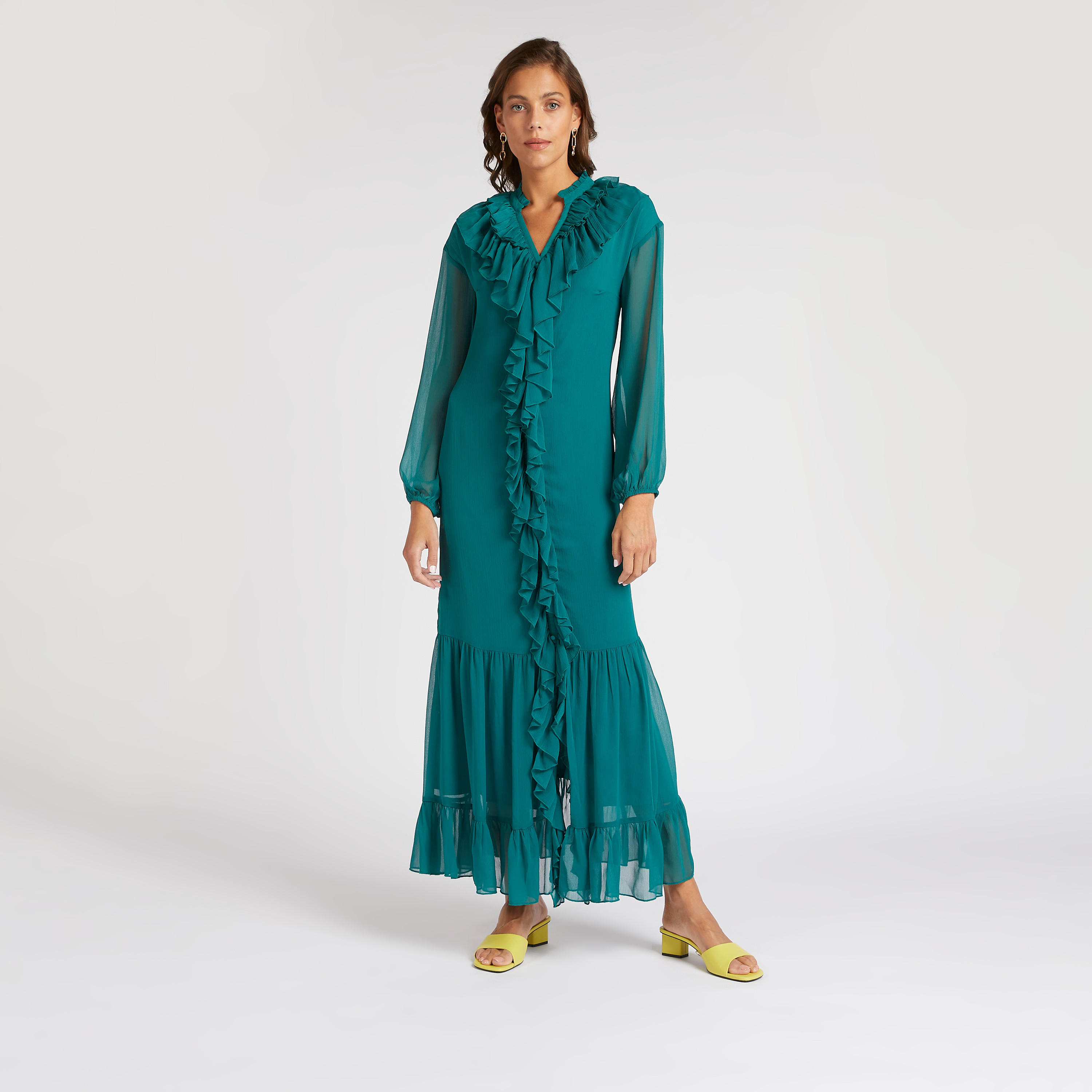 فستان طويل إيه لاين بارز الملمس بأكمام كشكش طويلة-women-clothing-dresses-image-2