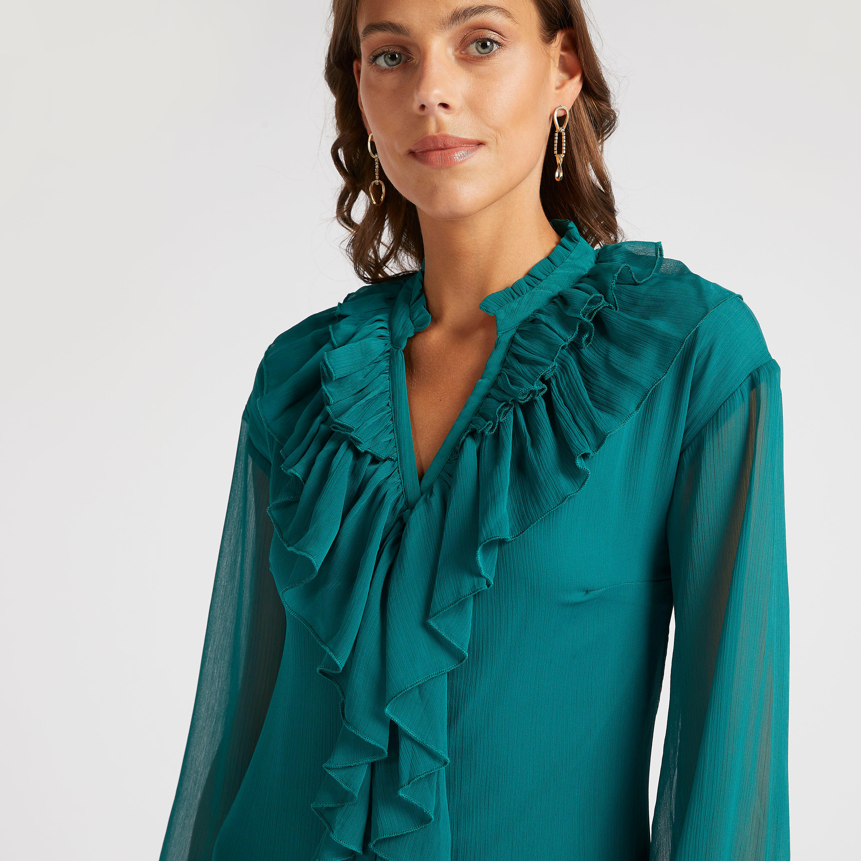 فستان طويل إيه لاين بارز الملمس بأكمام كشكش طويلة-women-clothing-dresses-image-3
