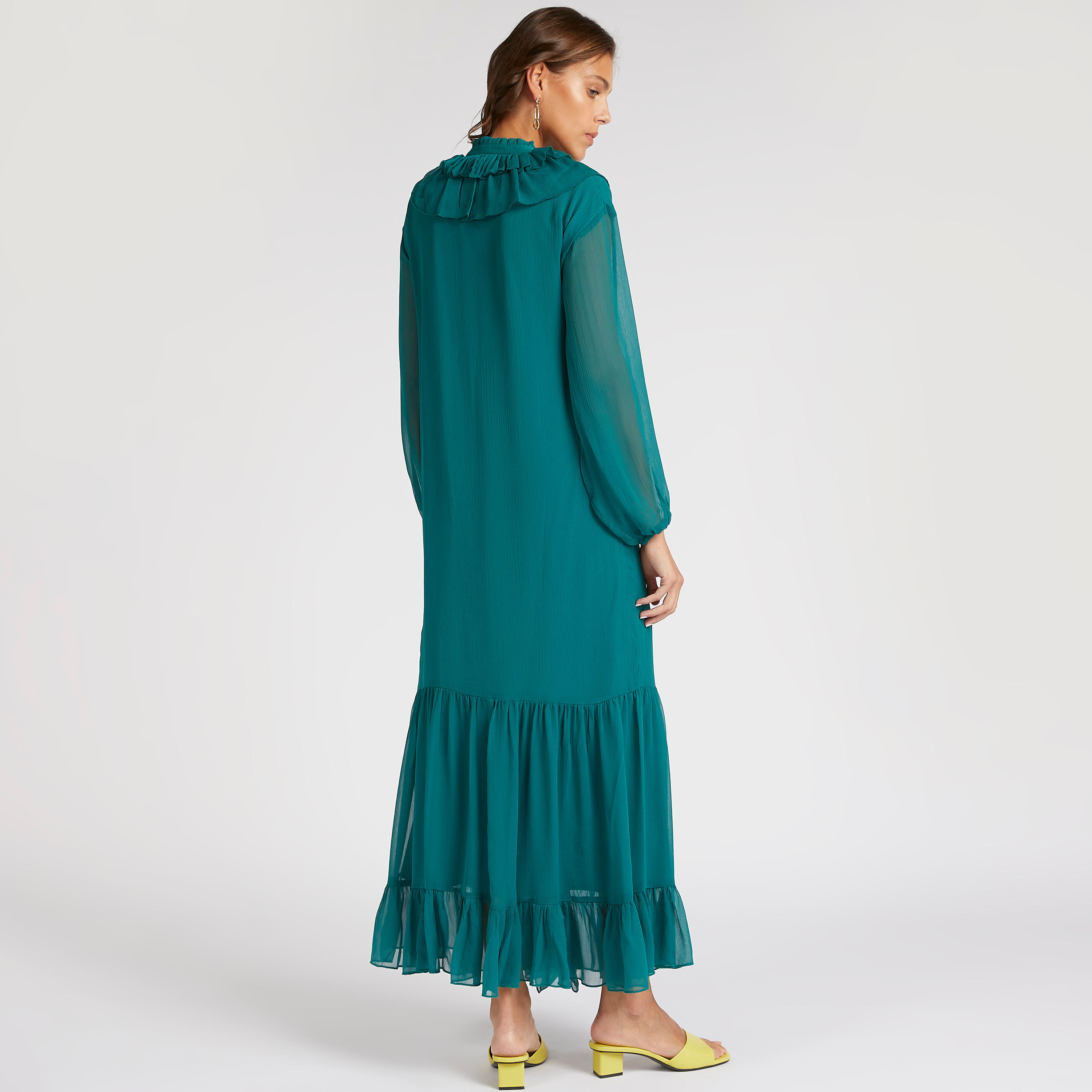 فستان طويل إيه لاين بارز الملمس بأكمام كشكش طويلة-women-clothing-dresses-image-4