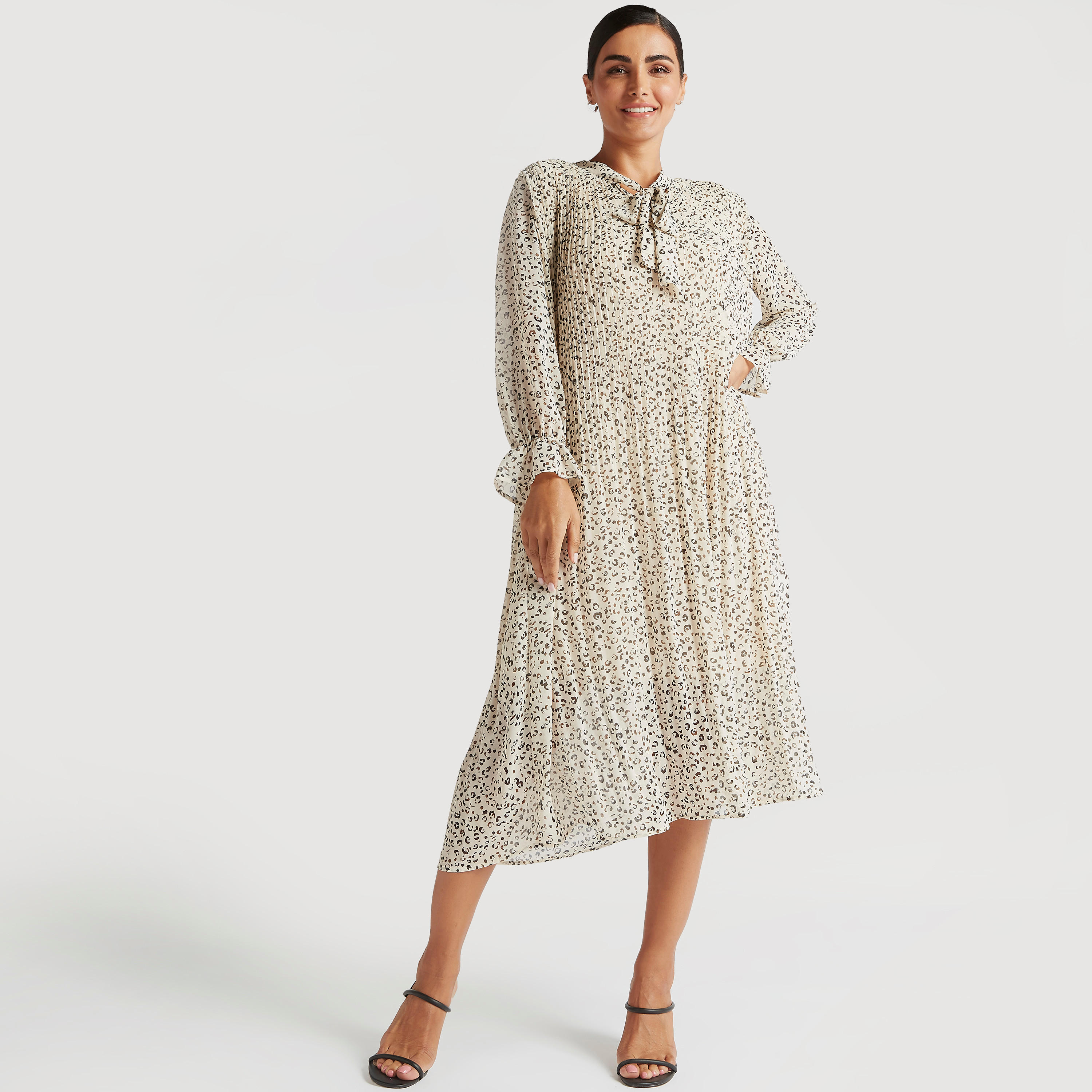 فستان ميدي إيه لاين بطبعات حيوانات وربطة عنق وتفاصيل بينتوك-women-clothing-dresses-image-1