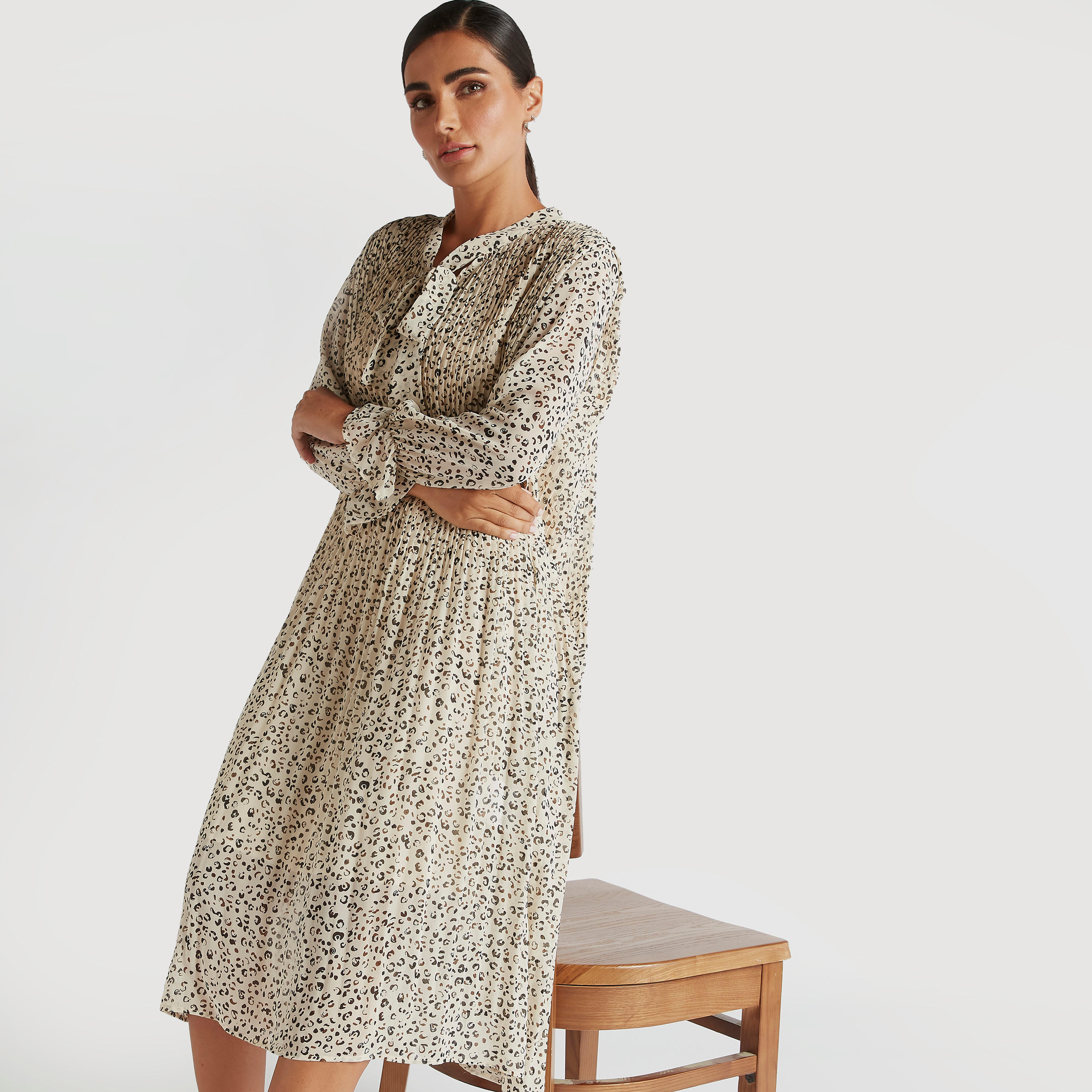 فستان ميدي إيه لاين بطبعات حيوانات وربطة عنق وتفاصيل بينتوك-women-clothing-dresses-image-2