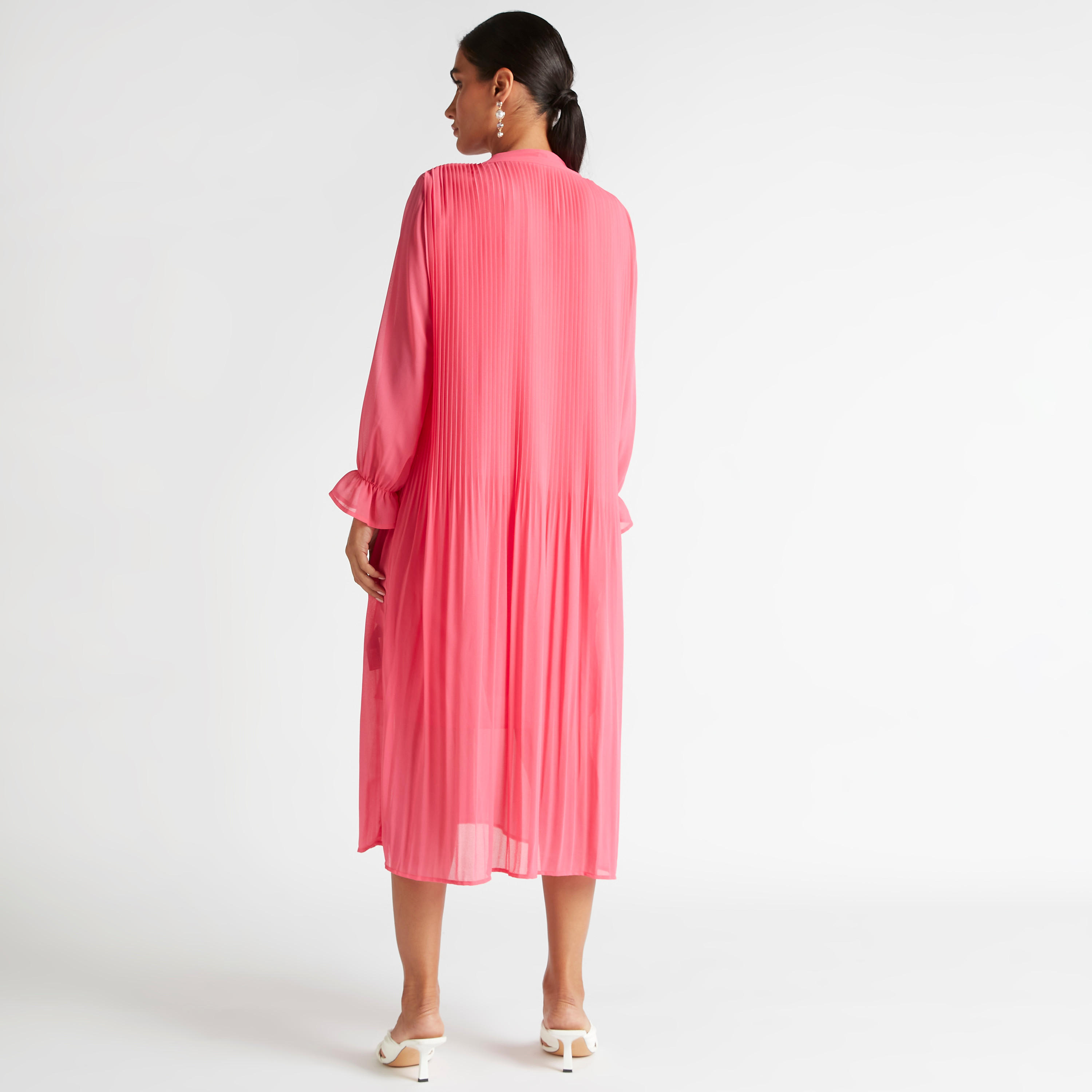 فستان ميدي إيه لاين بكُسرات وياقة رباط وأكمام طويلة-women-clothing-dresses-image-4