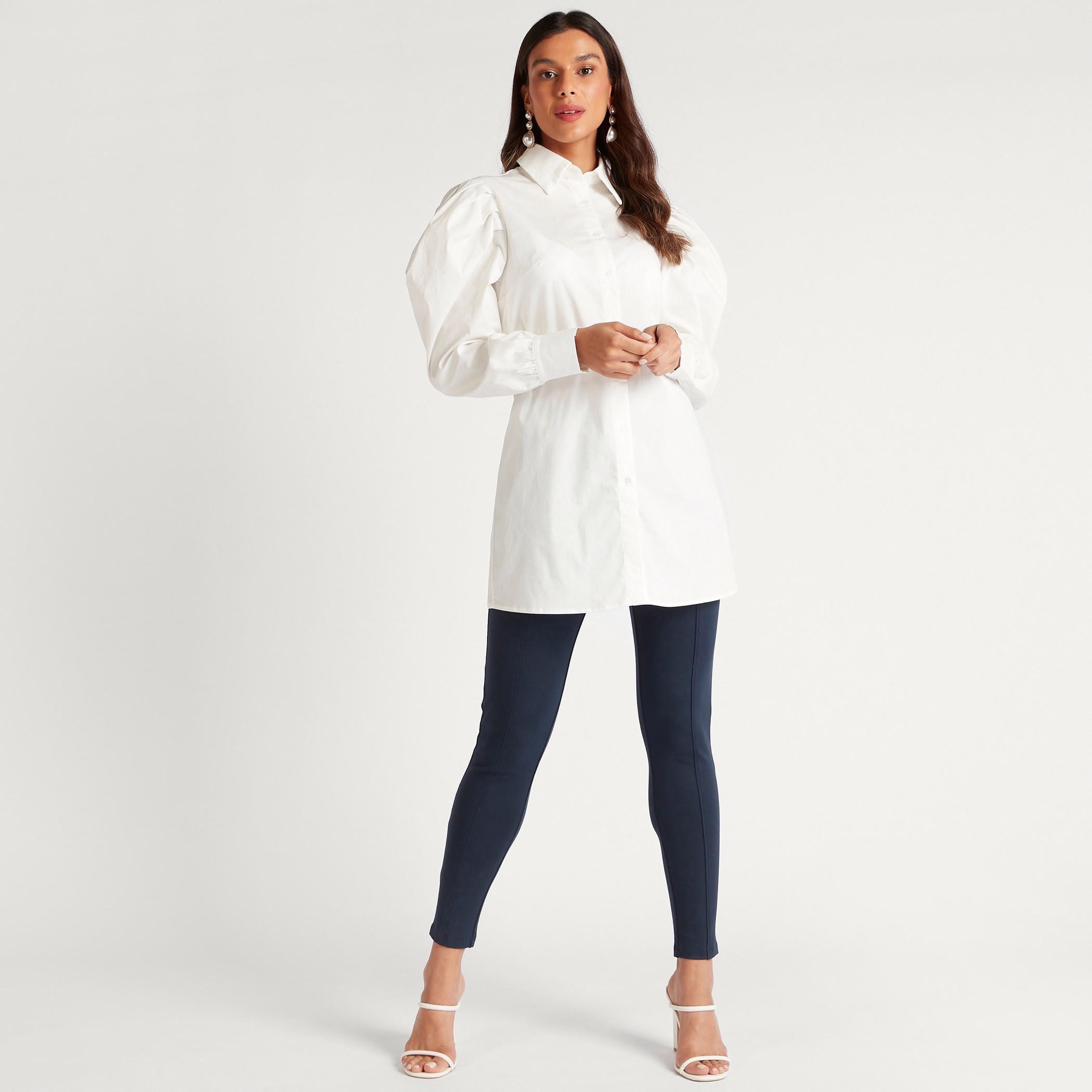 قميص طويل سادة بأكمام منفوخة طويلة-women-clothing-shirtsandblouses-shirts-image-2