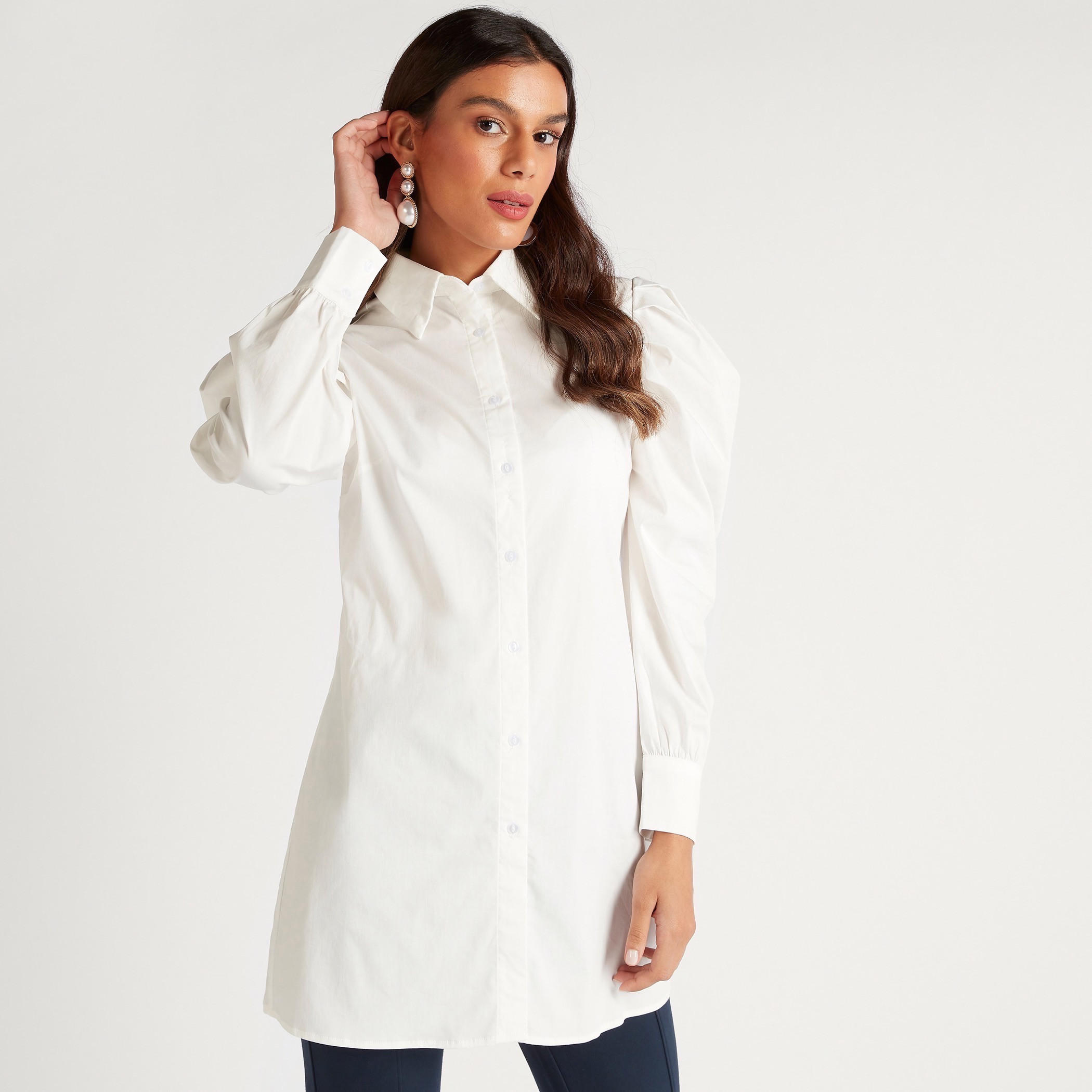 قميص طويل سادة بأكمام منفوخة طويلة-women-clothing-shirtsandblouses-shirts-image-5
