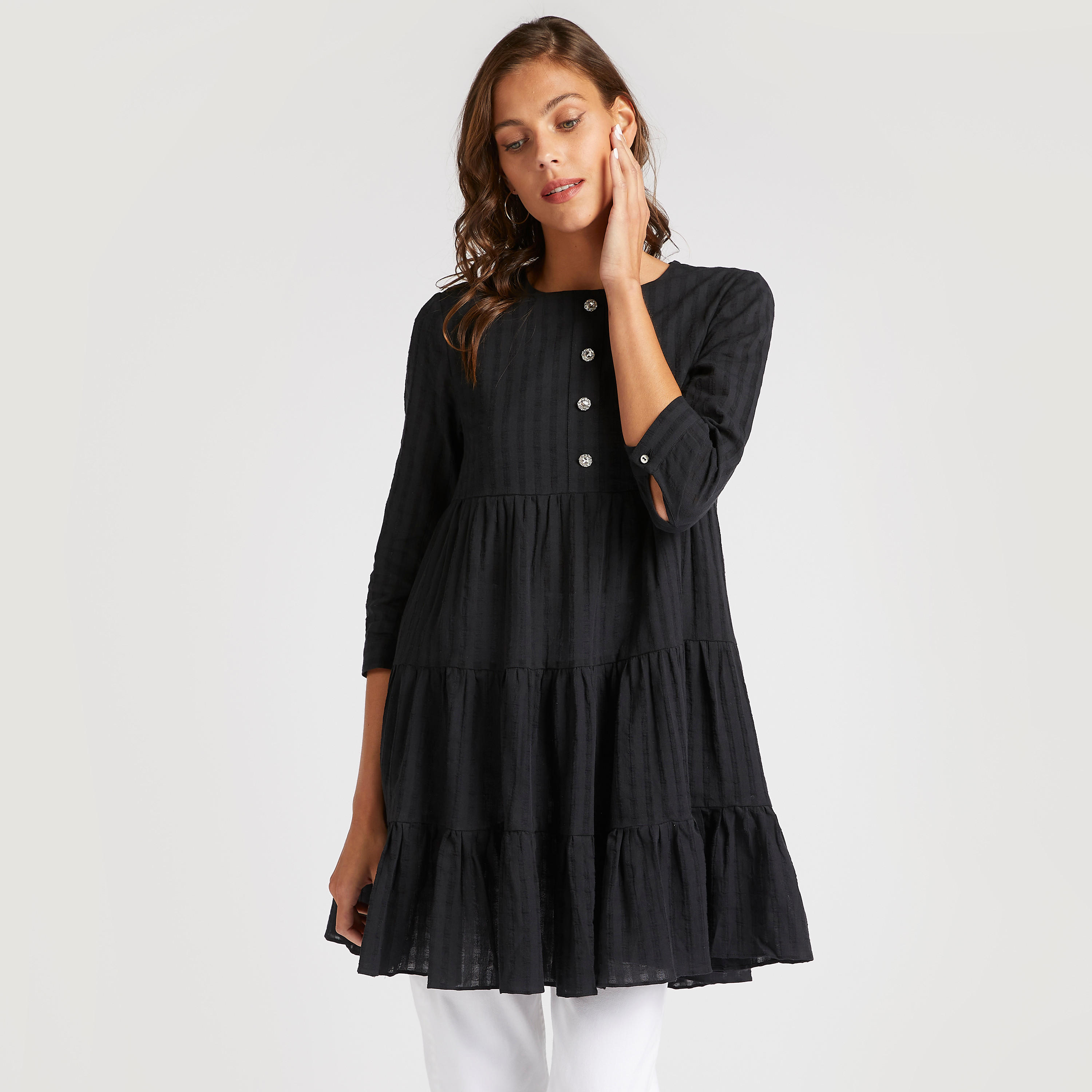 Seersucker Tunic with 3/4 Sleeves and Round Neck-women-clothing-shirtsandblouses-blouses-image-1