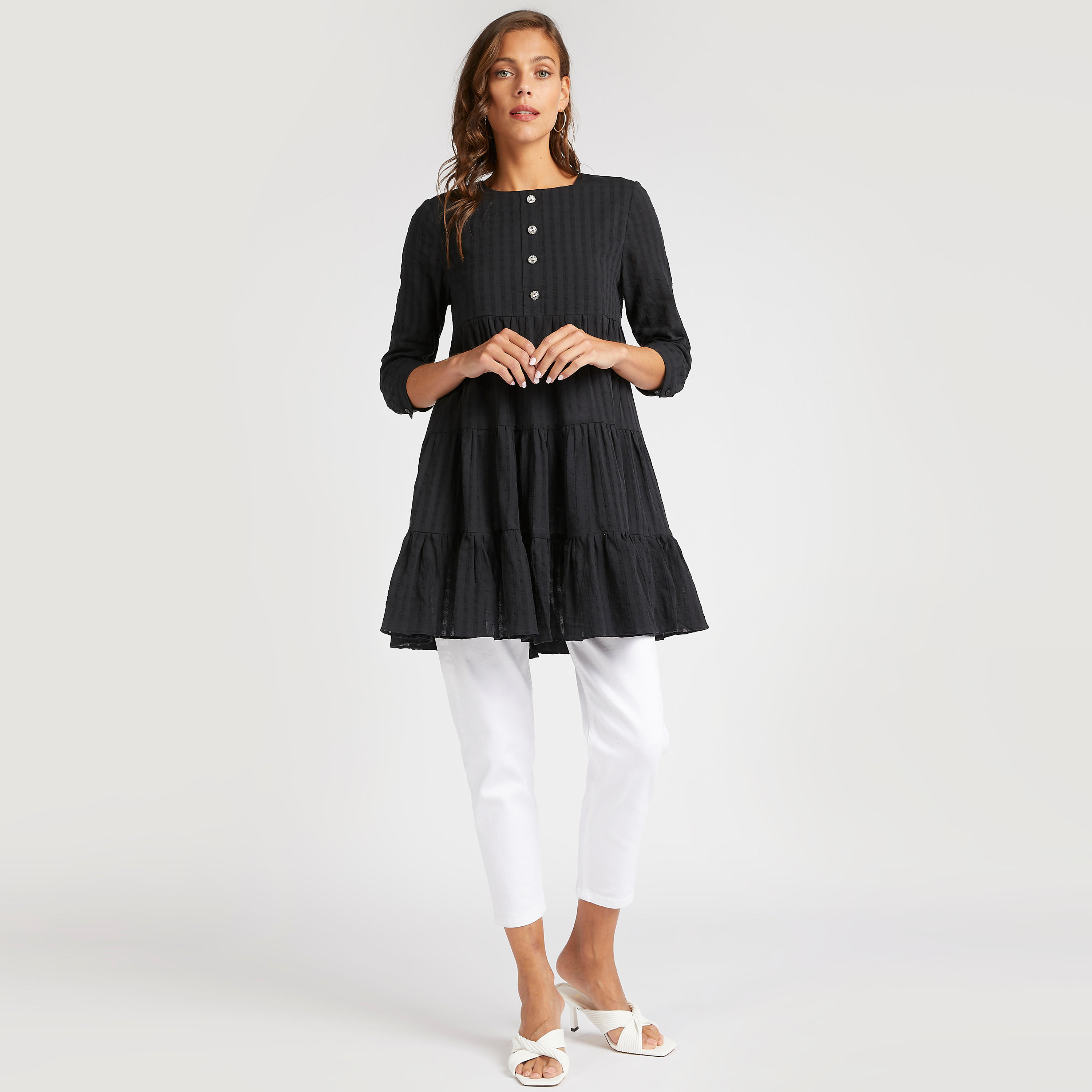 Seersucker Tunic with 3/4 Sleeves and Round Neck-women-clothing-shirtsandblouses-blouses-image-2
