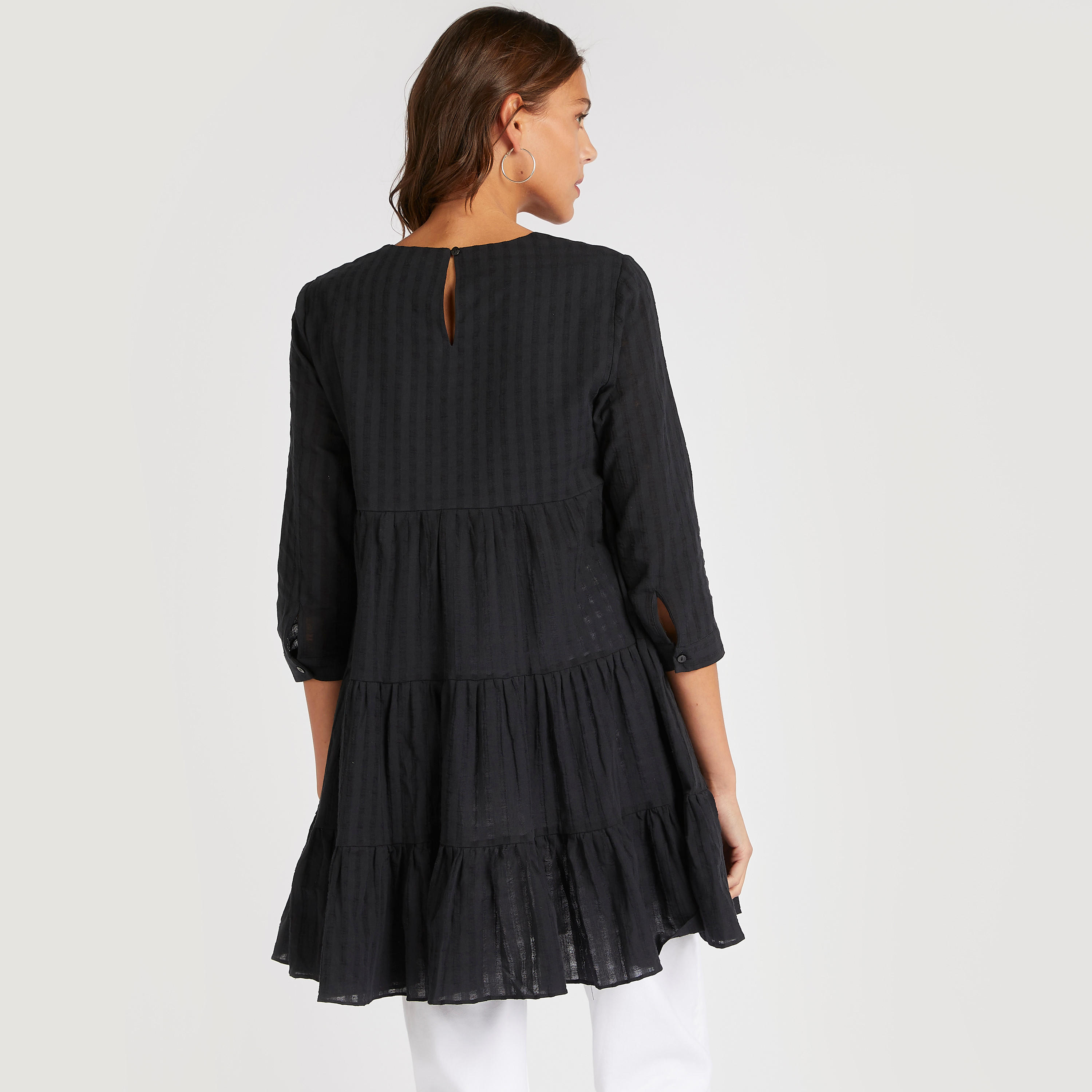 Seersucker Tunic with 3/4 Sleeves and Round Neck-women-clothing-shirtsandblouses-blouses-image-4