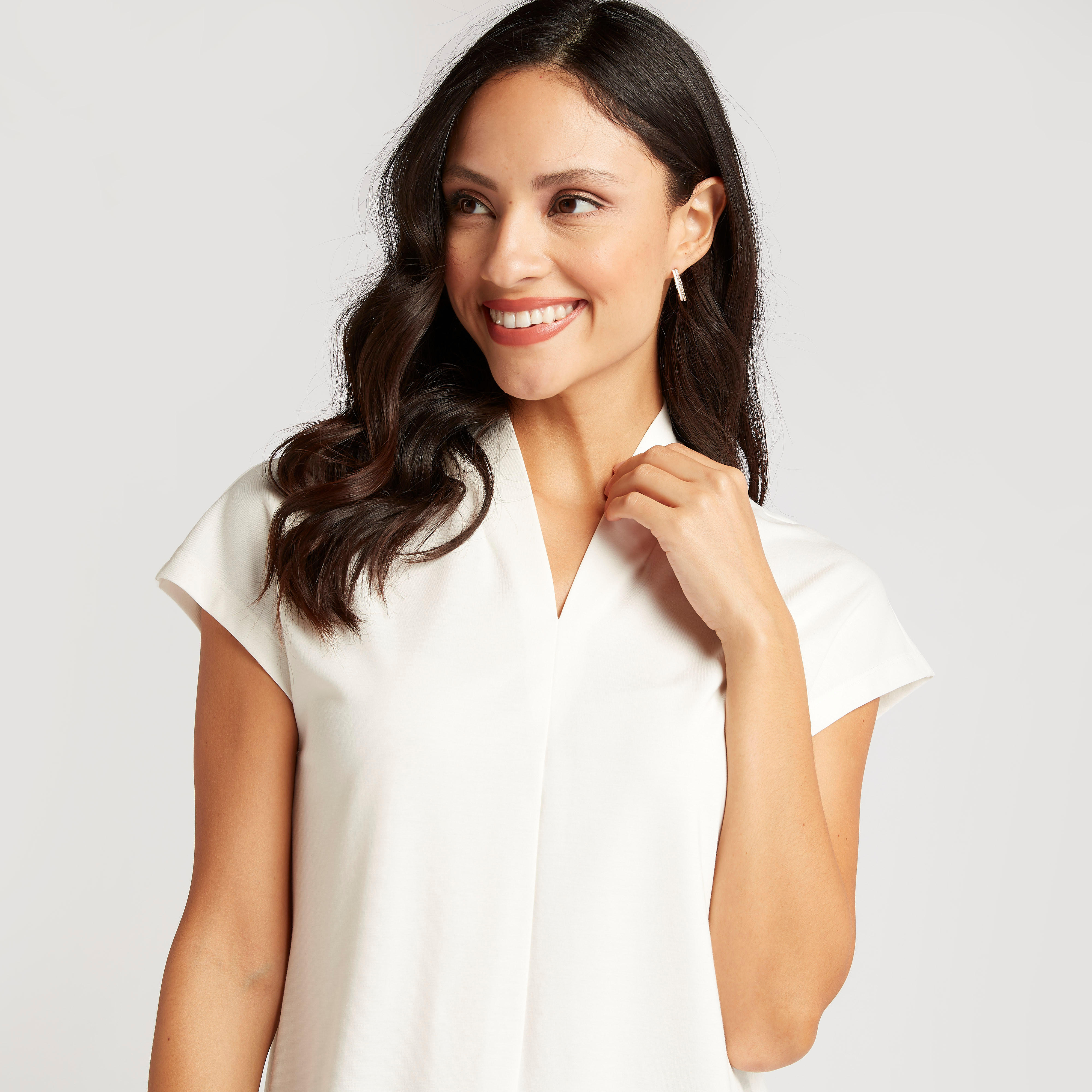 بلوزة سادة بأكمام كاب وياقة v-women-clothing-shirtsandblouses-blouses-image-3