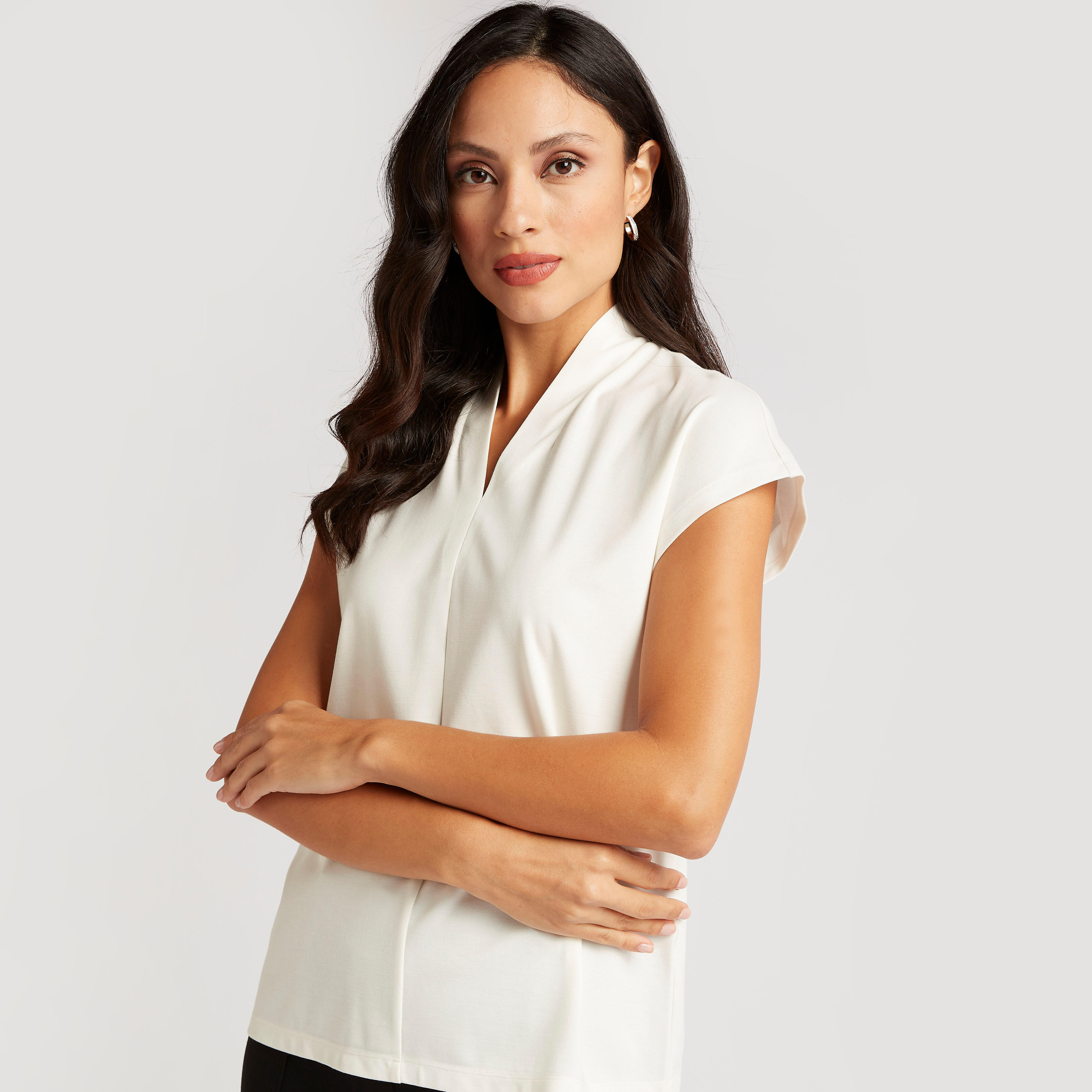 بلوزة سادة بأكمام كاب وياقة v-women-clothing-shirtsandblouses-blouses-image-1