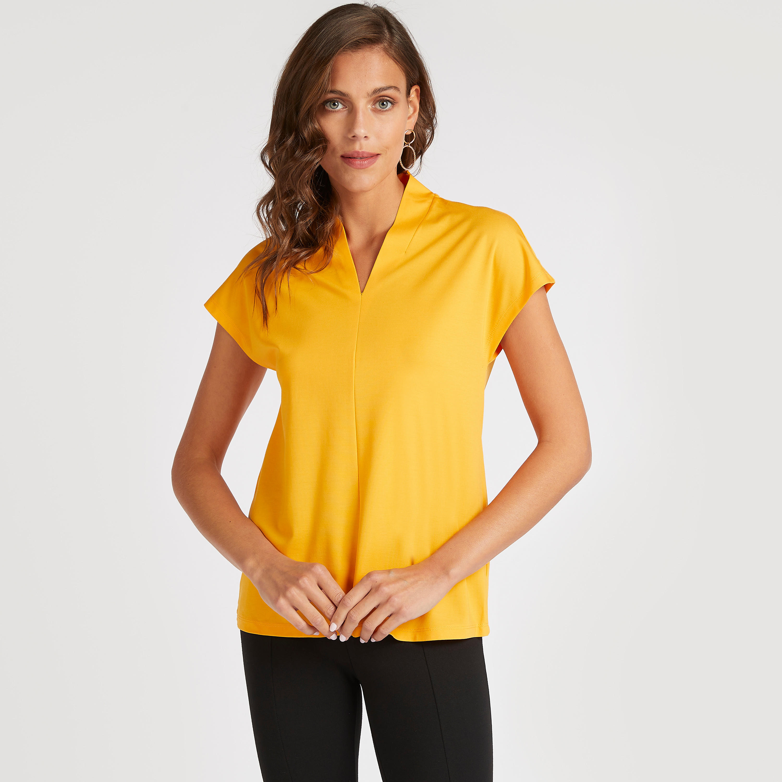 Solid V-neck Top with Cap Sleeves-women-clothing-shirtsandblouses-blouses-image-1