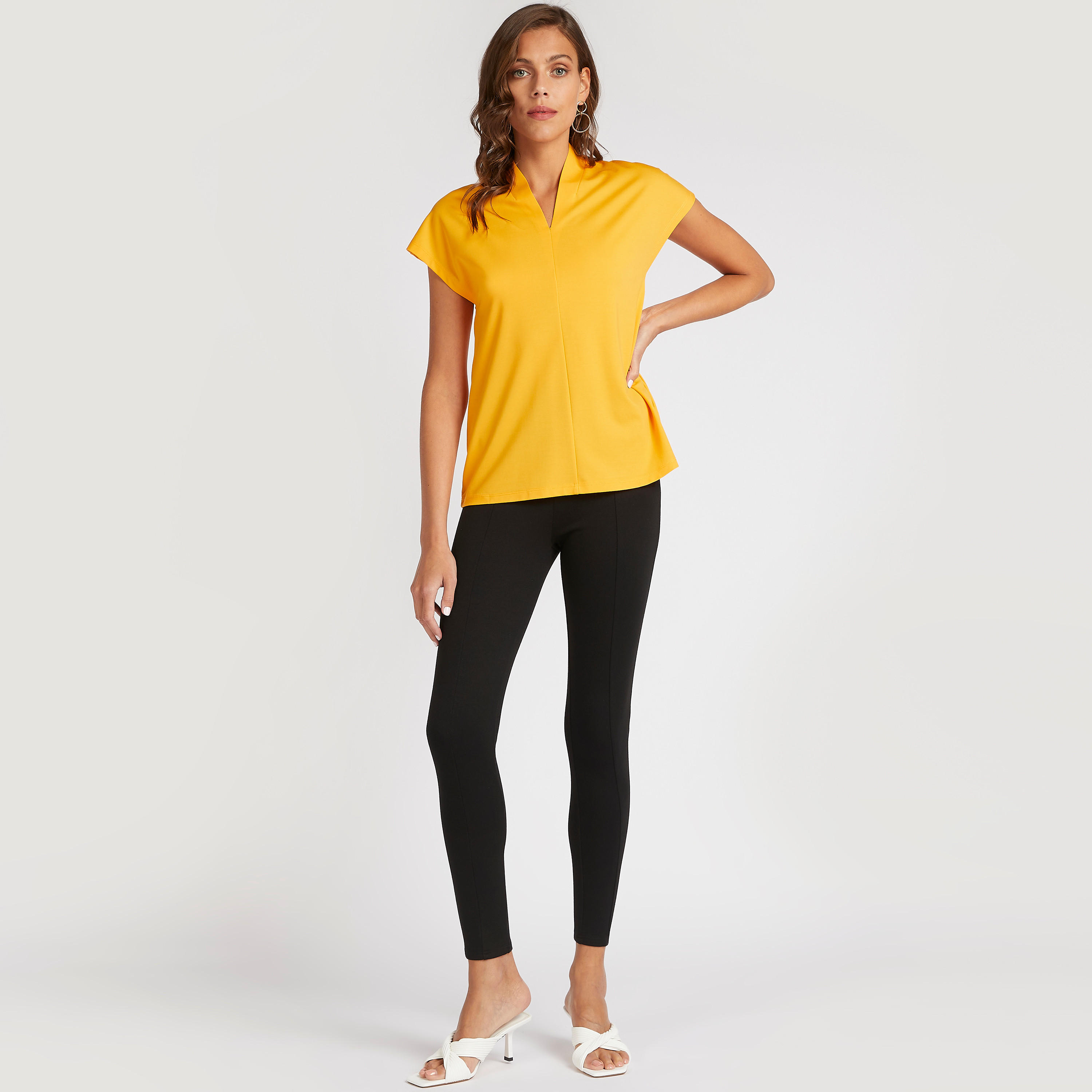 Solid V-neck Top with Cap Sleeves-women-clothing-shirtsandblouses-blouses-image-2