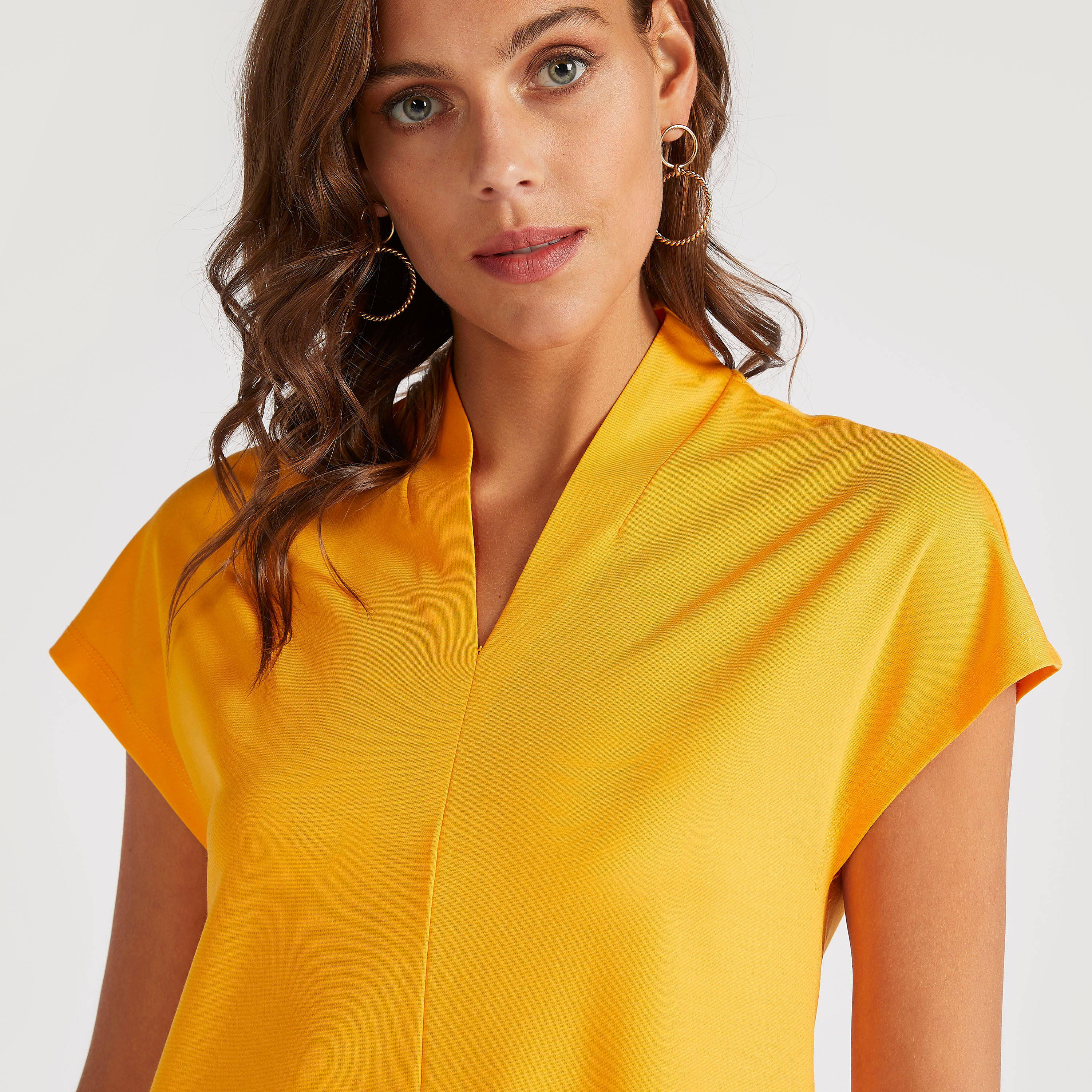Solid V-neck Top with Cap Sleeves-women-clothing-shirtsandblouses-blouses-image-3