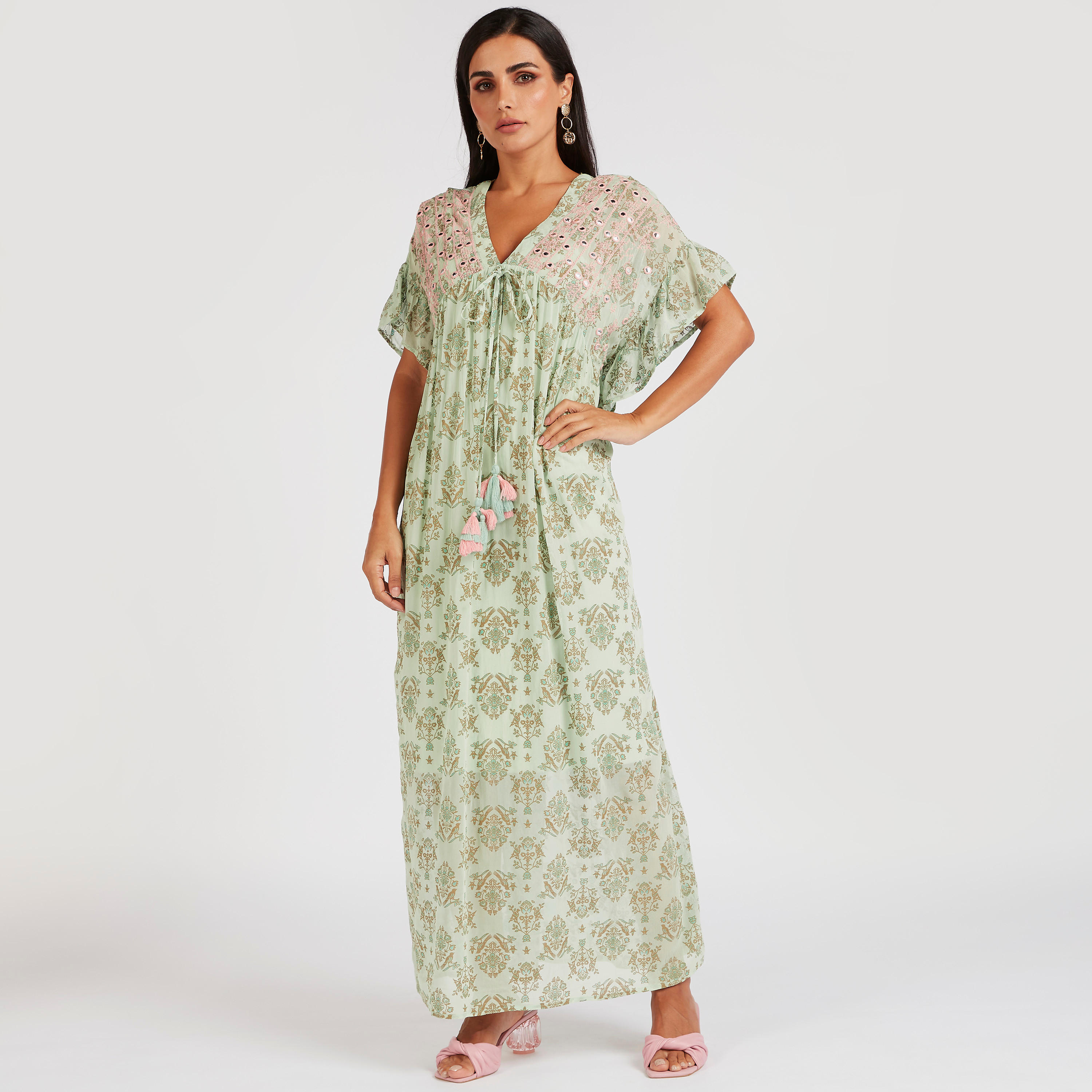 فستان طويل إيه لاين مطرز بأكمام واسعة-women-clothing-dresses-image-1