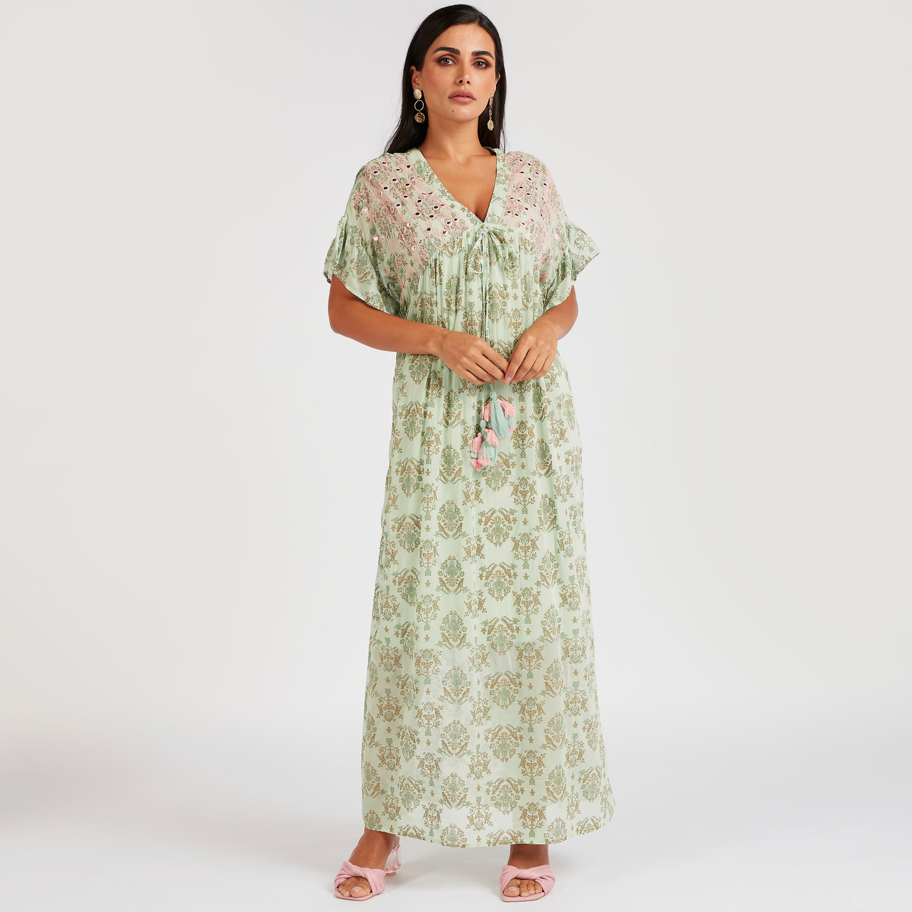 فستان طويل إيه لاين مطرز بأكمام واسعة-women-clothing-dresses-image-4