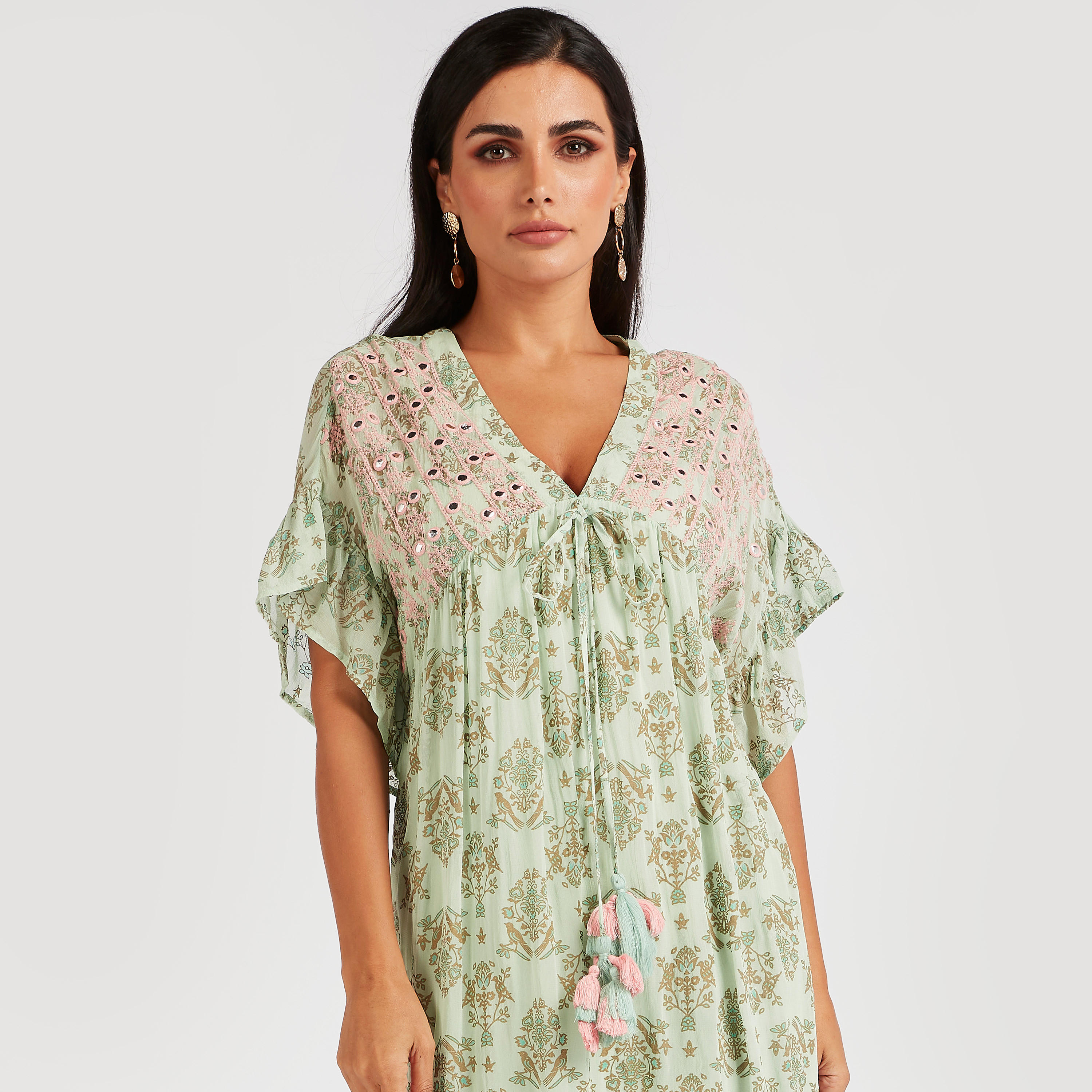فستان طويل إيه لاين مطرز بأكمام واسعة-women-clothing-dresses-image-5