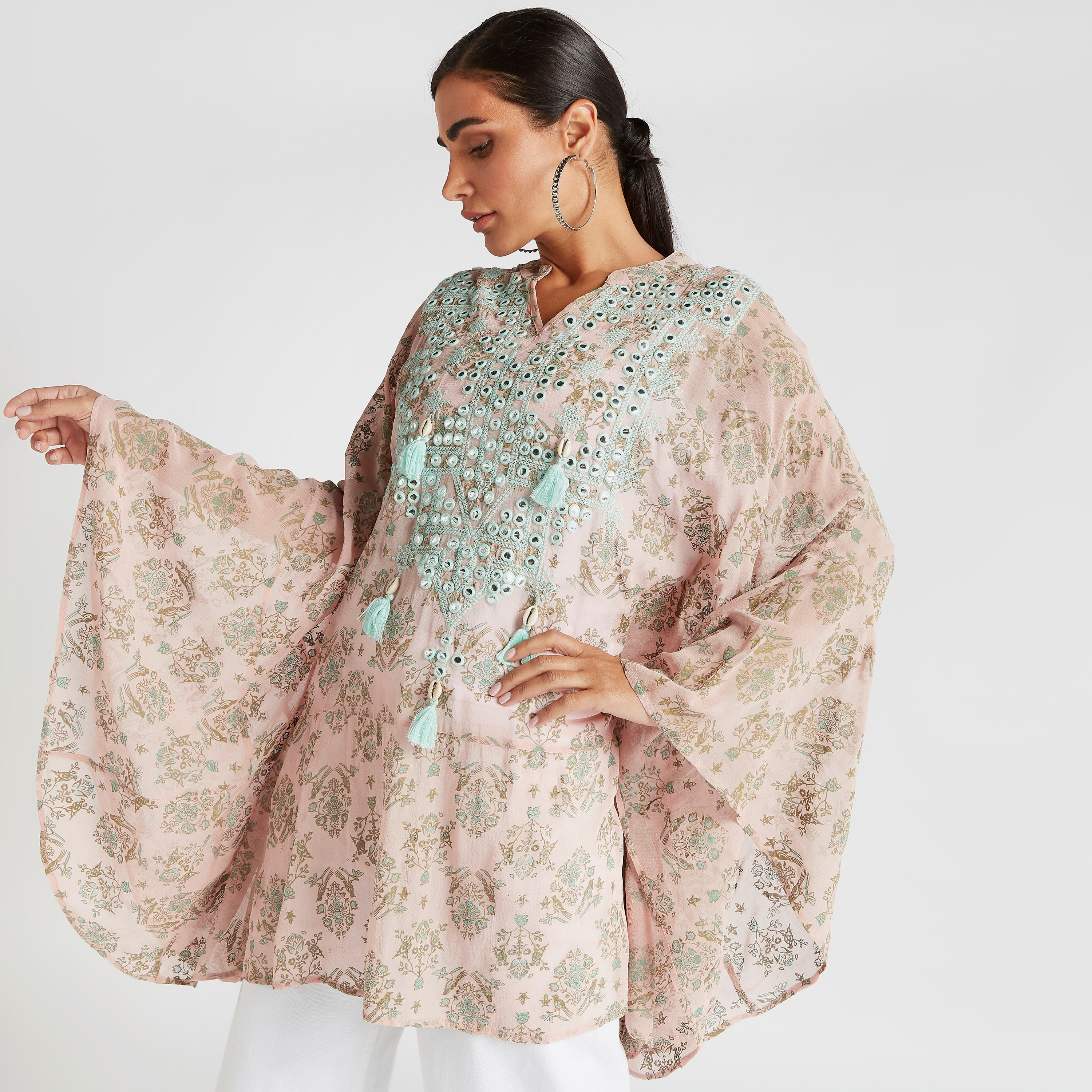 V-neck Embellished Tunic with Flared Sleeves-women-clothing-shirtsandblouses-blouses-image-1