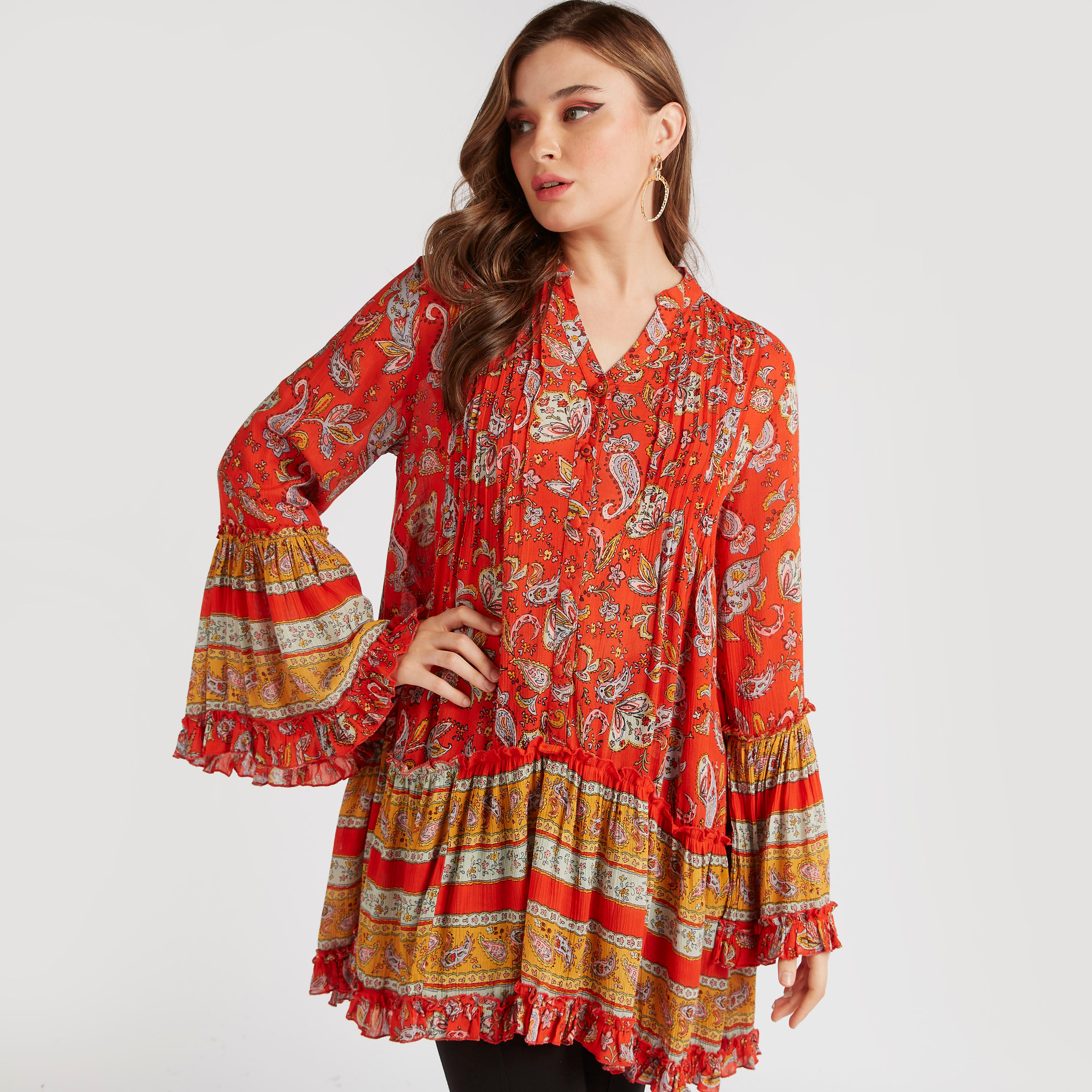 تونيك بياقة ماندارين وأكمام واسعة وطبعات بيزلي-women-clothing-shirtsandblouses-blouses-image-1