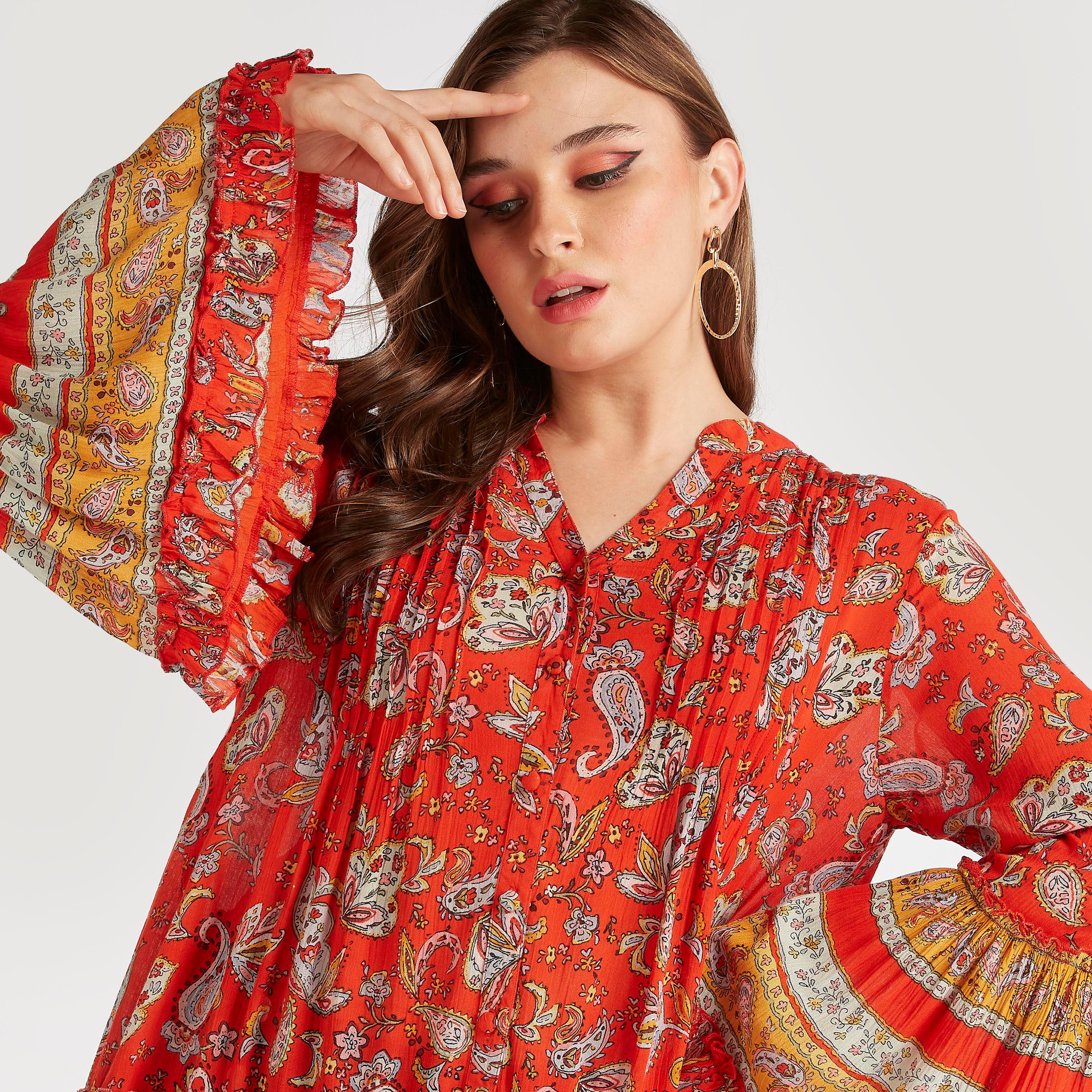 تونيك بياقة ماندارين وأكمام واسعة وطبعات بيزلي-women-clothing-shirtsandblouses-blouses-image-5