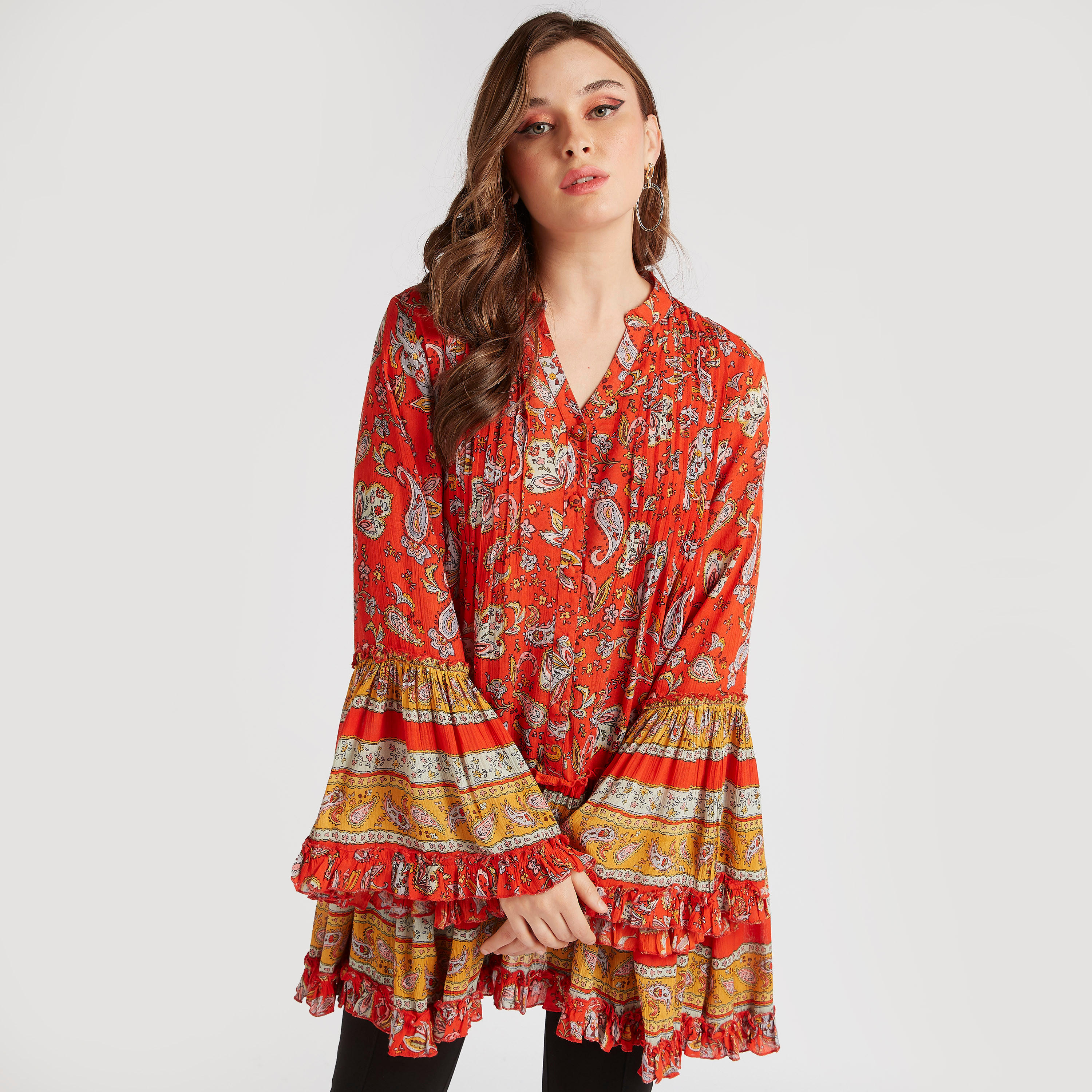 تونيك بياقة ماندارين وأكمام واسعة وطبعات بيزلي-women-clothing-shirtsandblouses-blouses-image-6