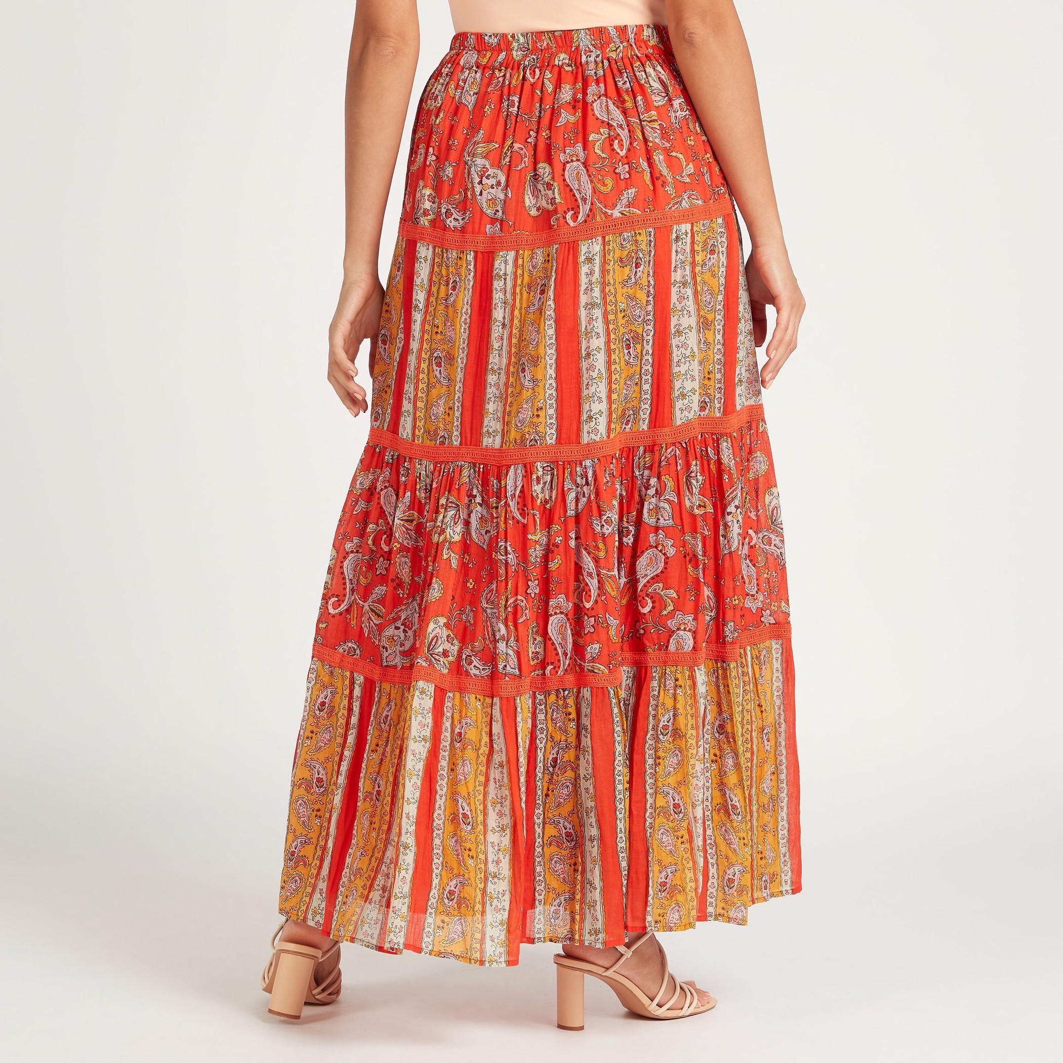 تنورة طويلة إيه لاين متعددة الطبقات بطبعات بيزلي وخصر مطاطي-women-clothing-bottoms-skirts-image-4