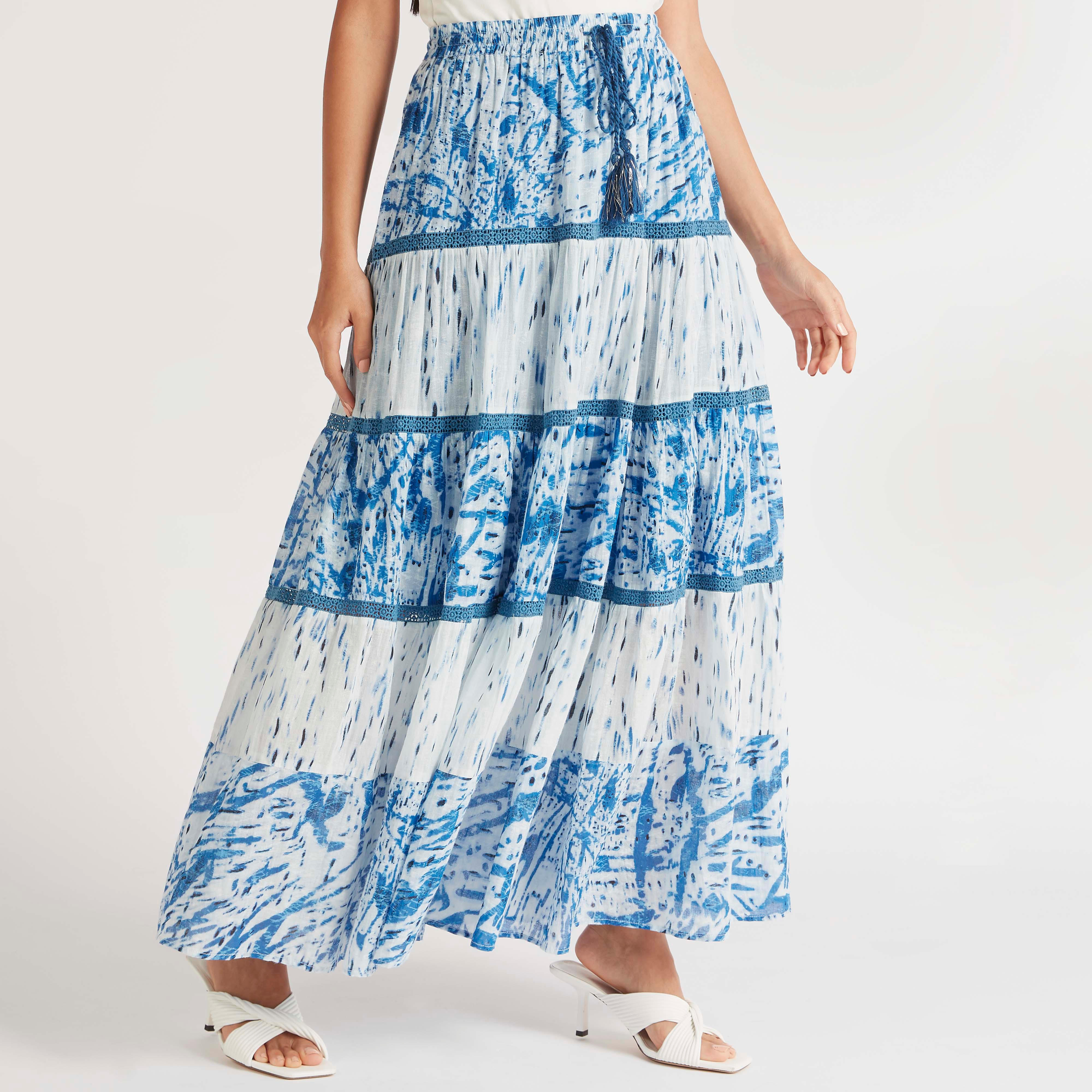 All-Over Print Maxi A-line Skirt with Tasselled Drawstrings-women-clothing-bottoms-skirts-image-1
