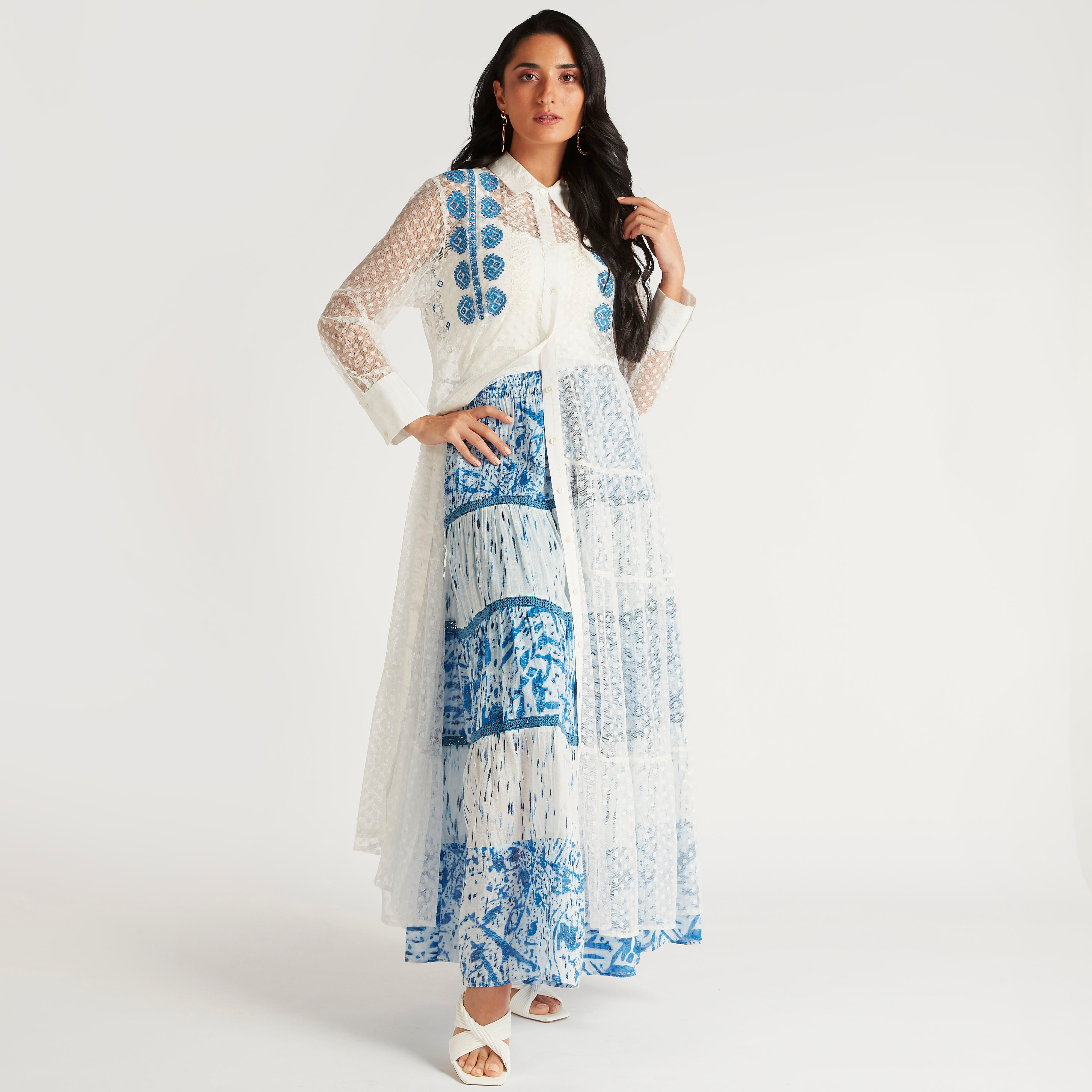 All-Over Print Maxi A-line Skirt with Tasselled Drawstrings-women-clothing-bottoms-skirts-image-2