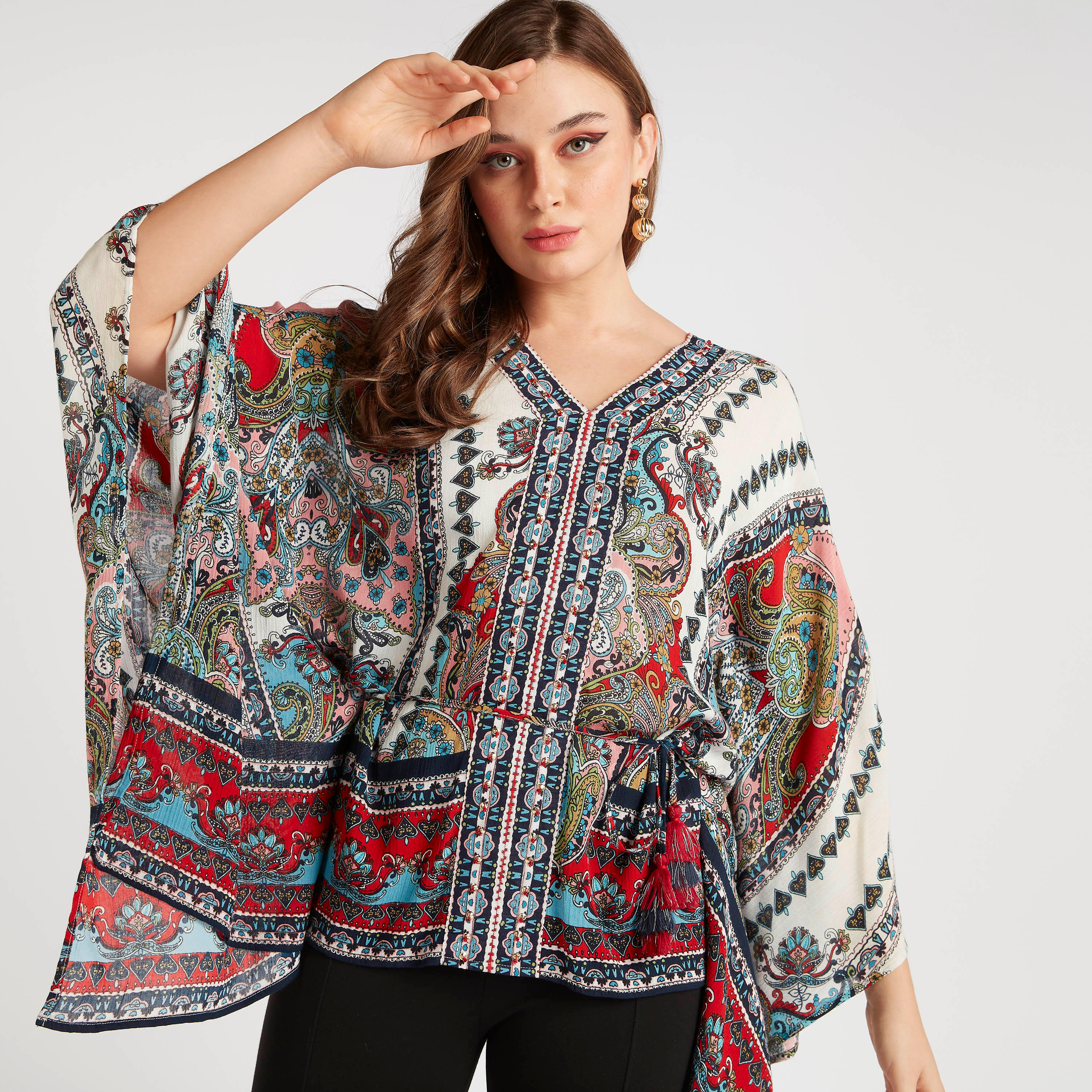 Printed V-neck Top with Flared Sleeves-women-clothing-shirtsandblouses-blouses-image-1