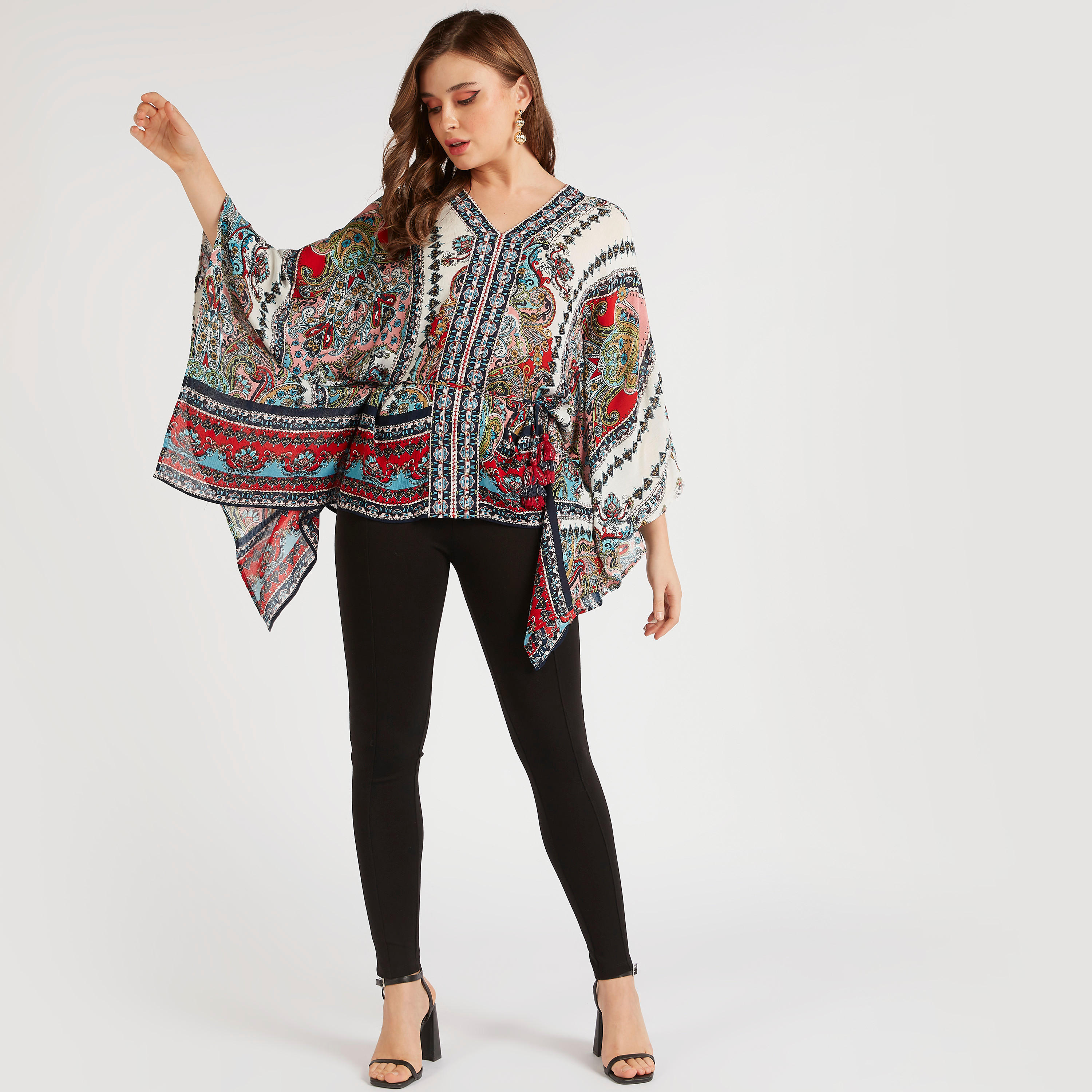 Printed V-neck Top with Flared Sleeves-women-clothing-shirtsandblouses-blouses-image-2