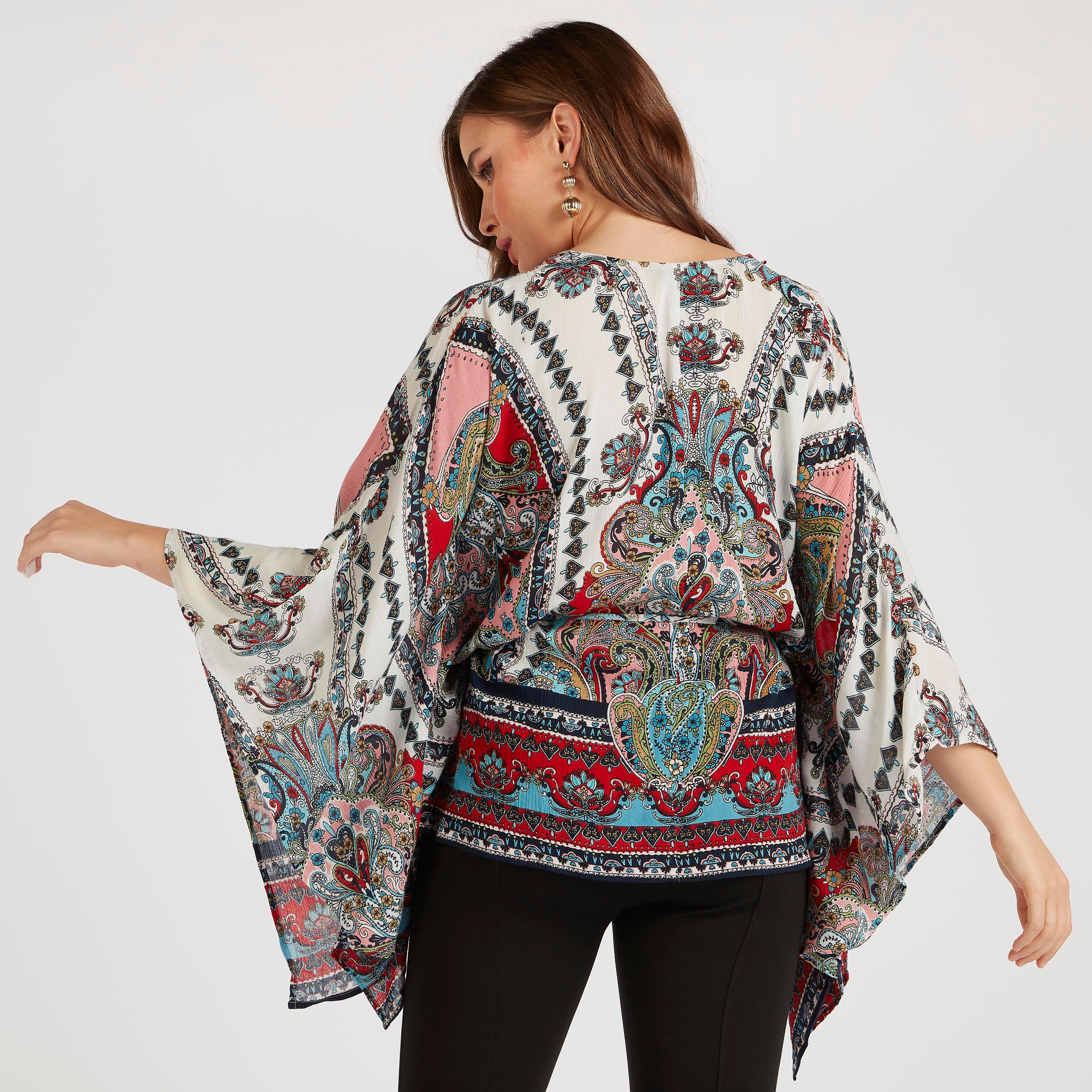 Printed V-neck Top with Flared Sleeves-women-clothing-shirtsandblouses-blouses-image-4