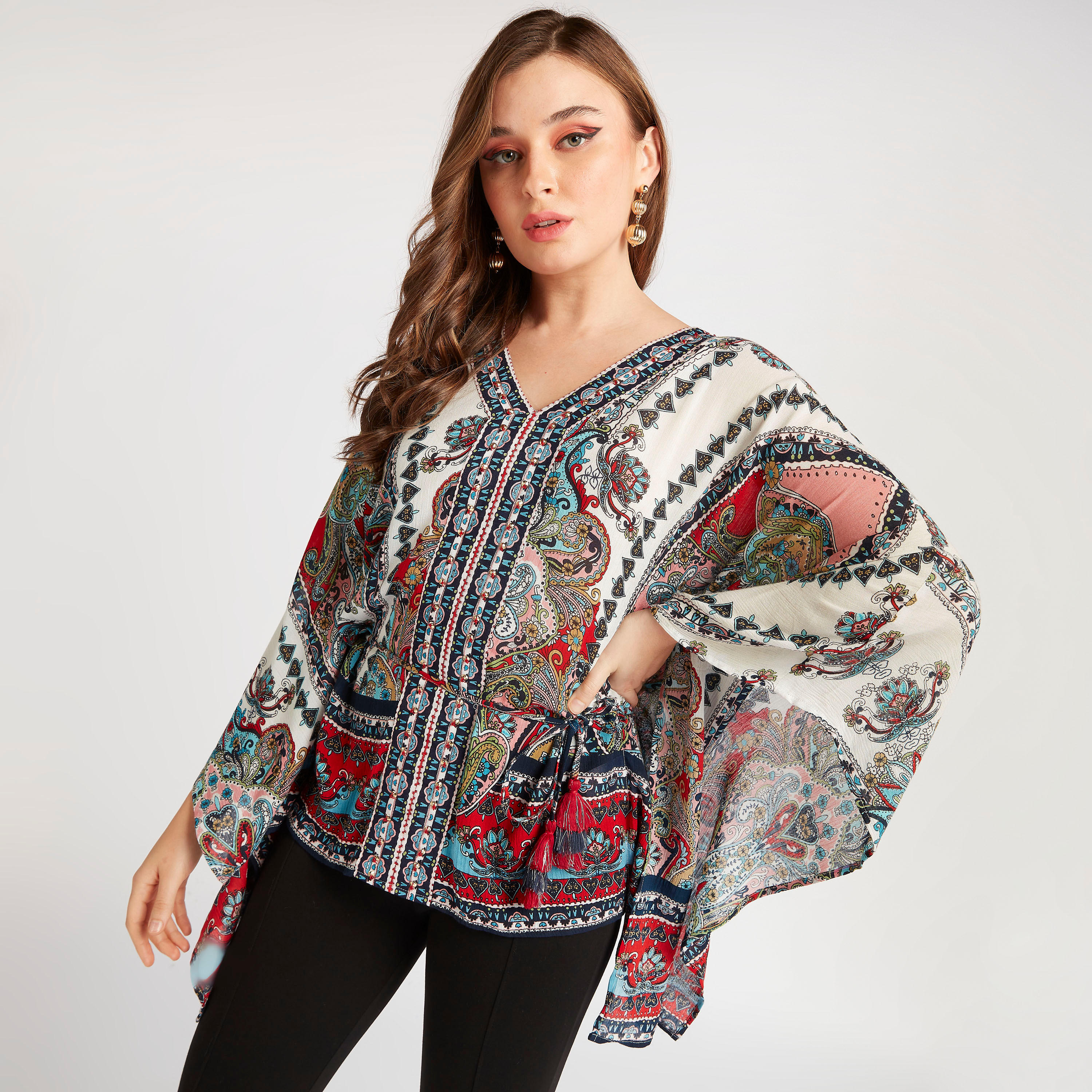 Printed V-neck Top with Flared Sleeves-women-clothing-shirtsandblouses-blouses-image-5