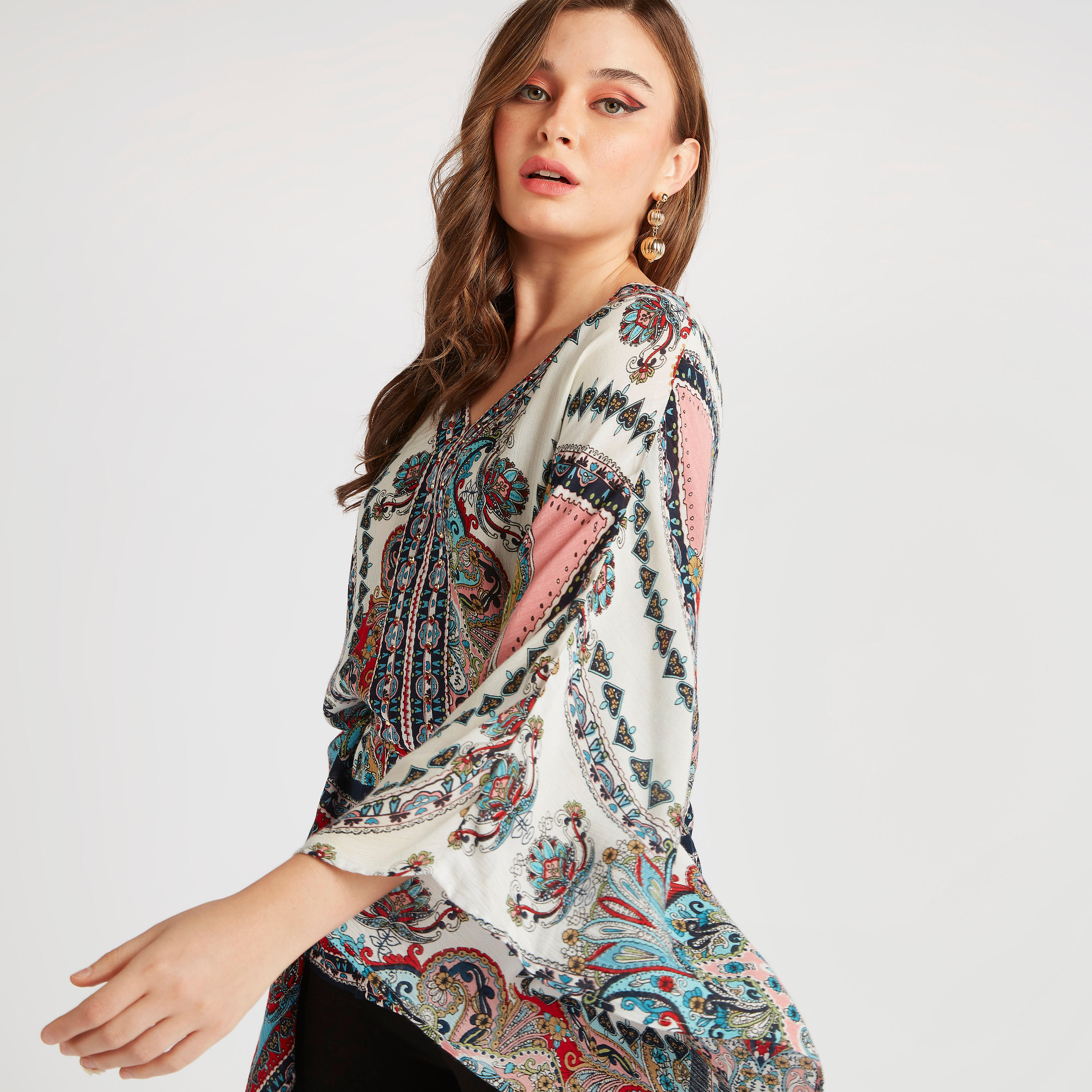 Printed V-neck Top with Flared Sleeves-women-clothing-shirtsandblouses-blouses-image-6