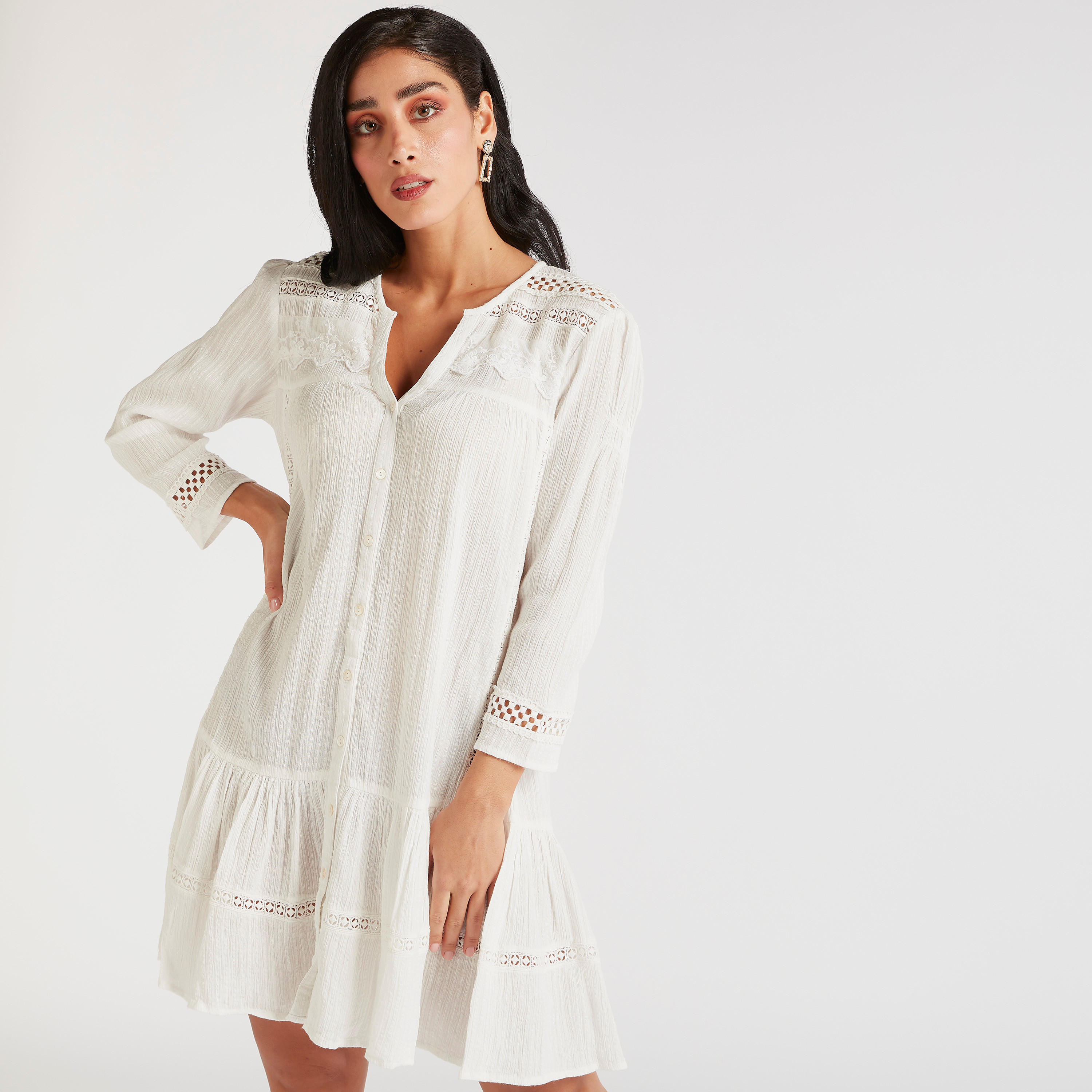 تونيك بارز الملمس بأكمام طويلة وياقة ماندارين وتفاصيل دانتيل-women-clothing-shirtsandblouses-blouses-image-1