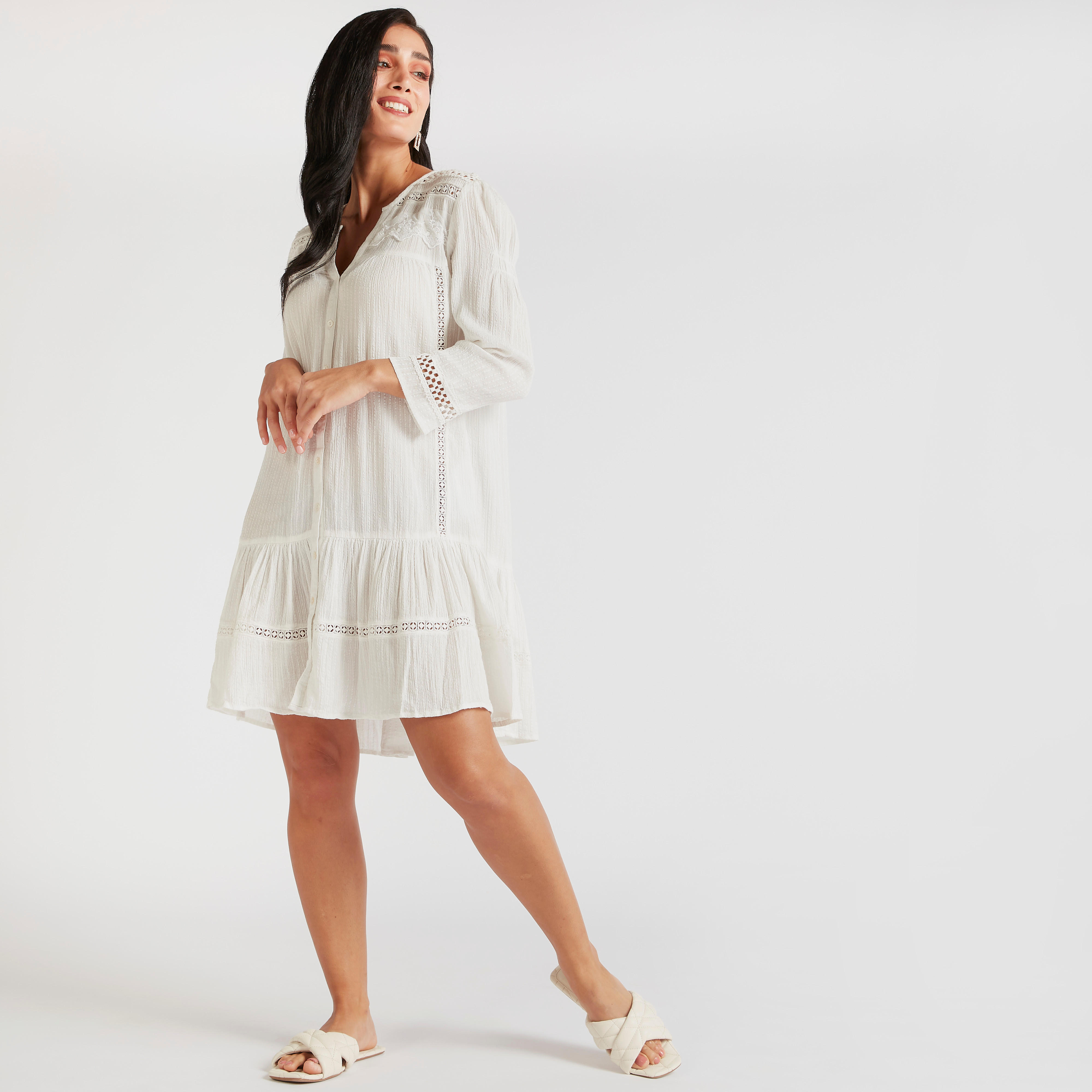 تونيك بارز الملمس بأكمام طويلة وياقة ماندارين وتفاصيل دانتيل-women-clothing-shirtsandblouses-blouses-image-2