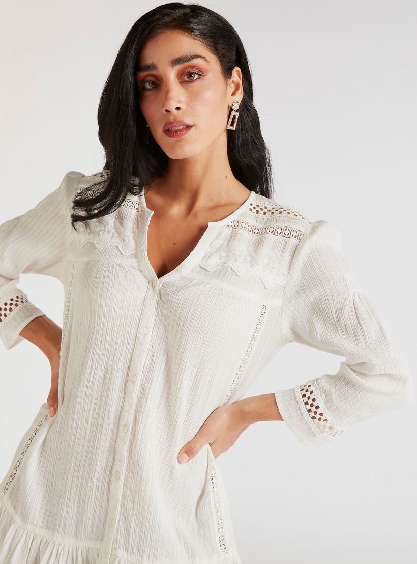 تونيك بارز الملمس بأكمام طويلة وياقة ماندارين وتفاصيل دانتيل-women-clothing-shirtsandblouses-blouses-image-3