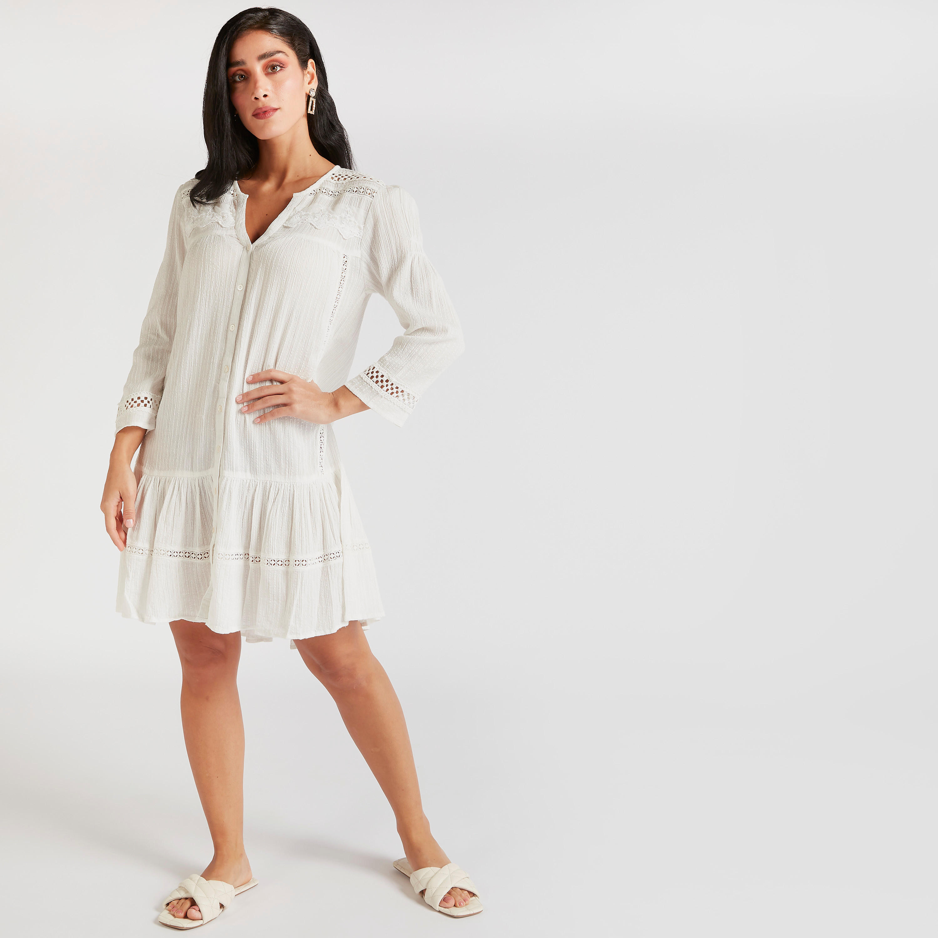 تونيك بارز الملمس بأكمام طويلة وياقة ماندارين وتفاصيل دانتيل-women-clothing-shirtsandblouses-blouses-image-6