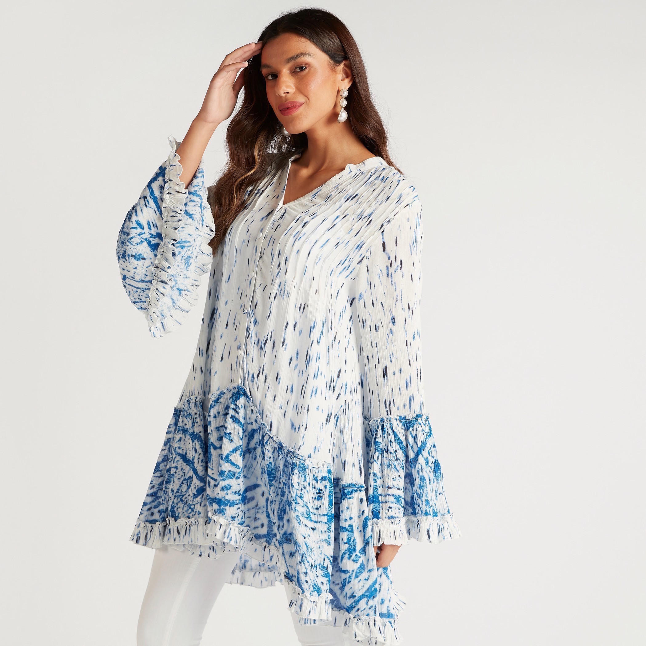 تونيك بطبعات وأكمام مستديرة وياقة ماندارين-women-clothing-shirtsandblouses-blouses-image-1