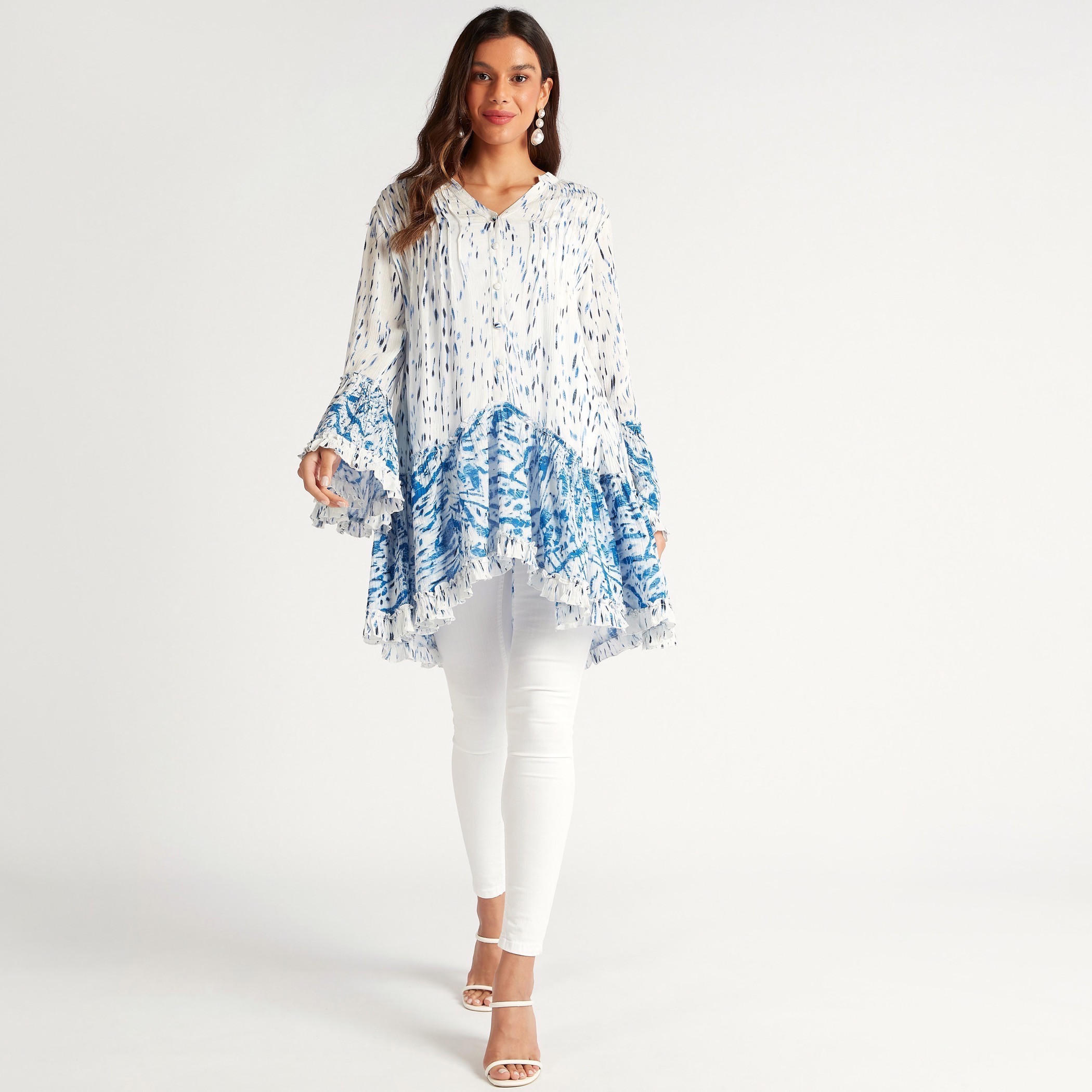 تونيك بطبعات وأكمام مستديرة وياقة ماندارين-women-clothing-shirtsandblouses-blouses-image-2