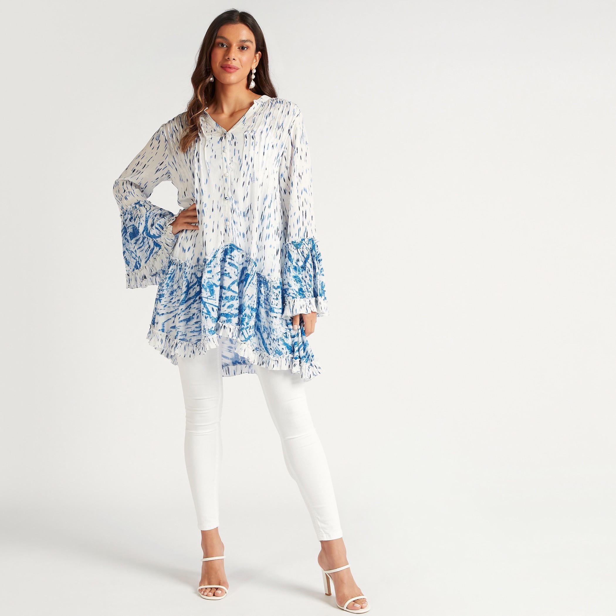 تونيك بطبعات وأكمام مستديرة وياقة ماندارين-women-clothing-shirtsandblouses-blouses-image-6