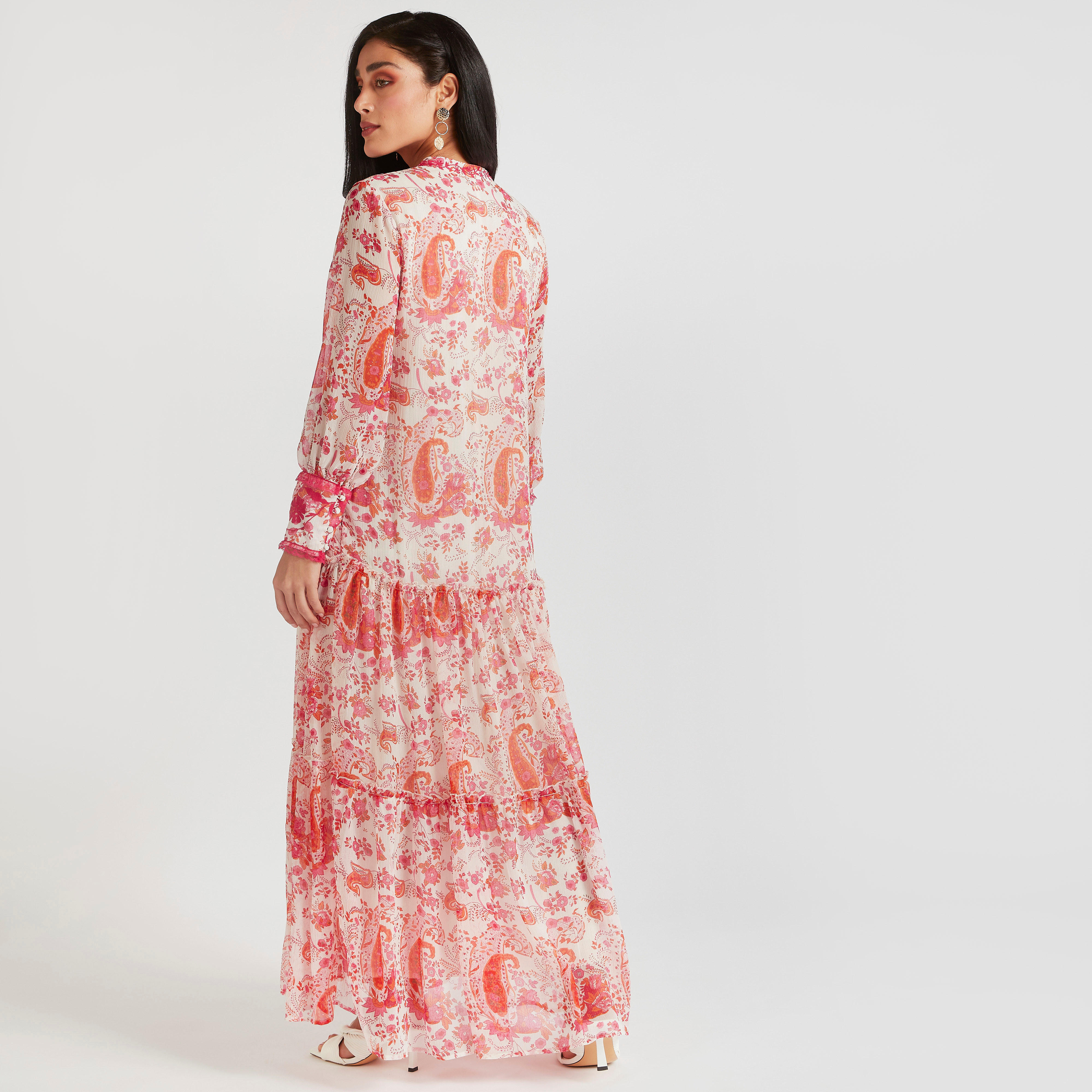 فستان إيه لاين طويل بياقة ماندارين وطبعات بيزلي وتفاصيل دانتيل-women-clothing-dresses-image-4
