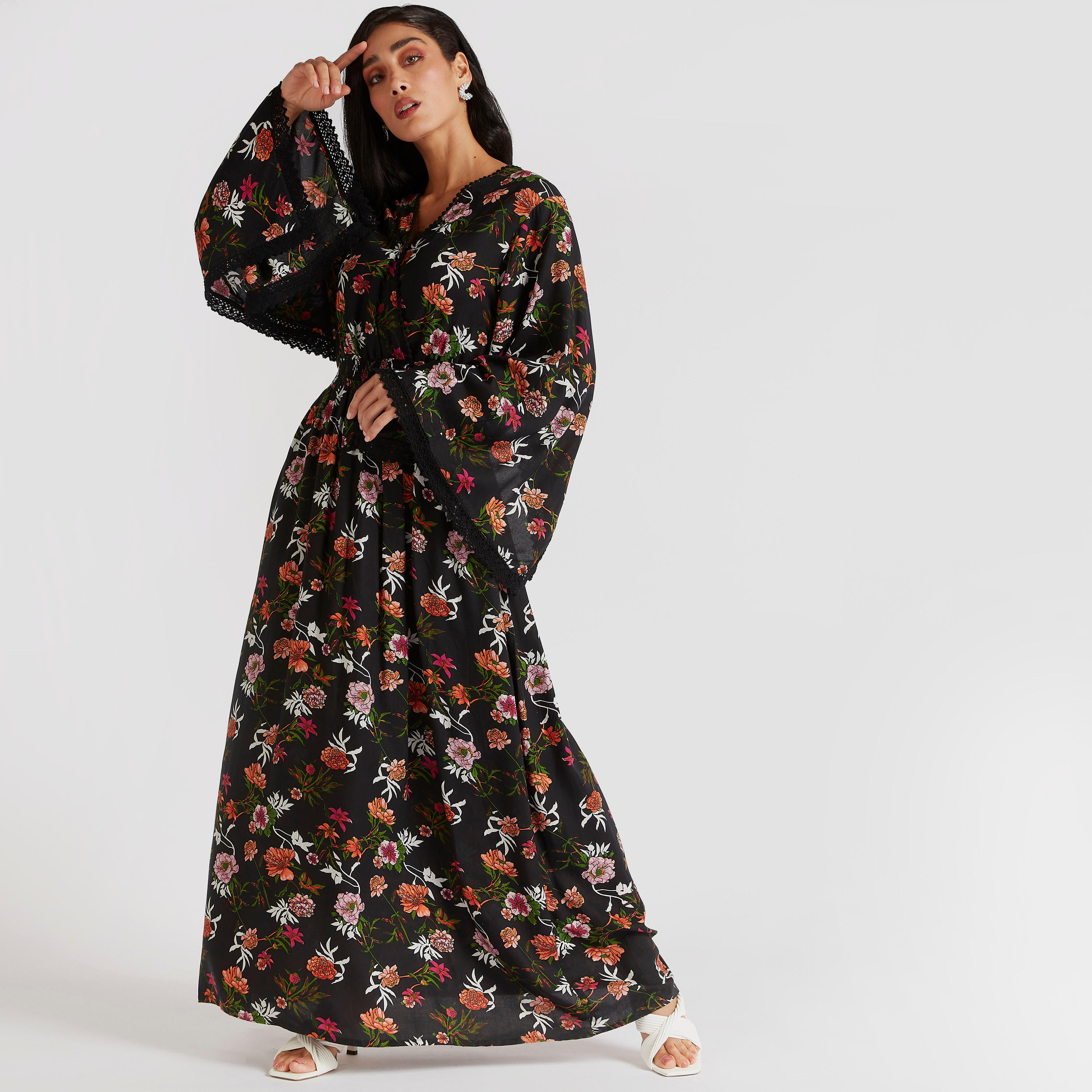 Floral Print Maxi Dress with Flared Sleeves & Lace Detail-women-clothing-dresses-image-1