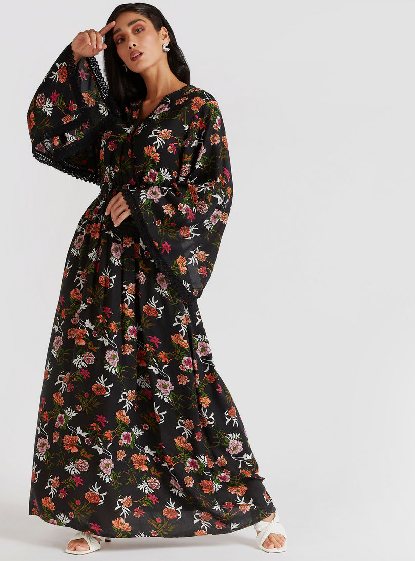 Floral Print Maxi Dress with Flared Sleeves & Lace Detail-women-clothing-dresses-image-1