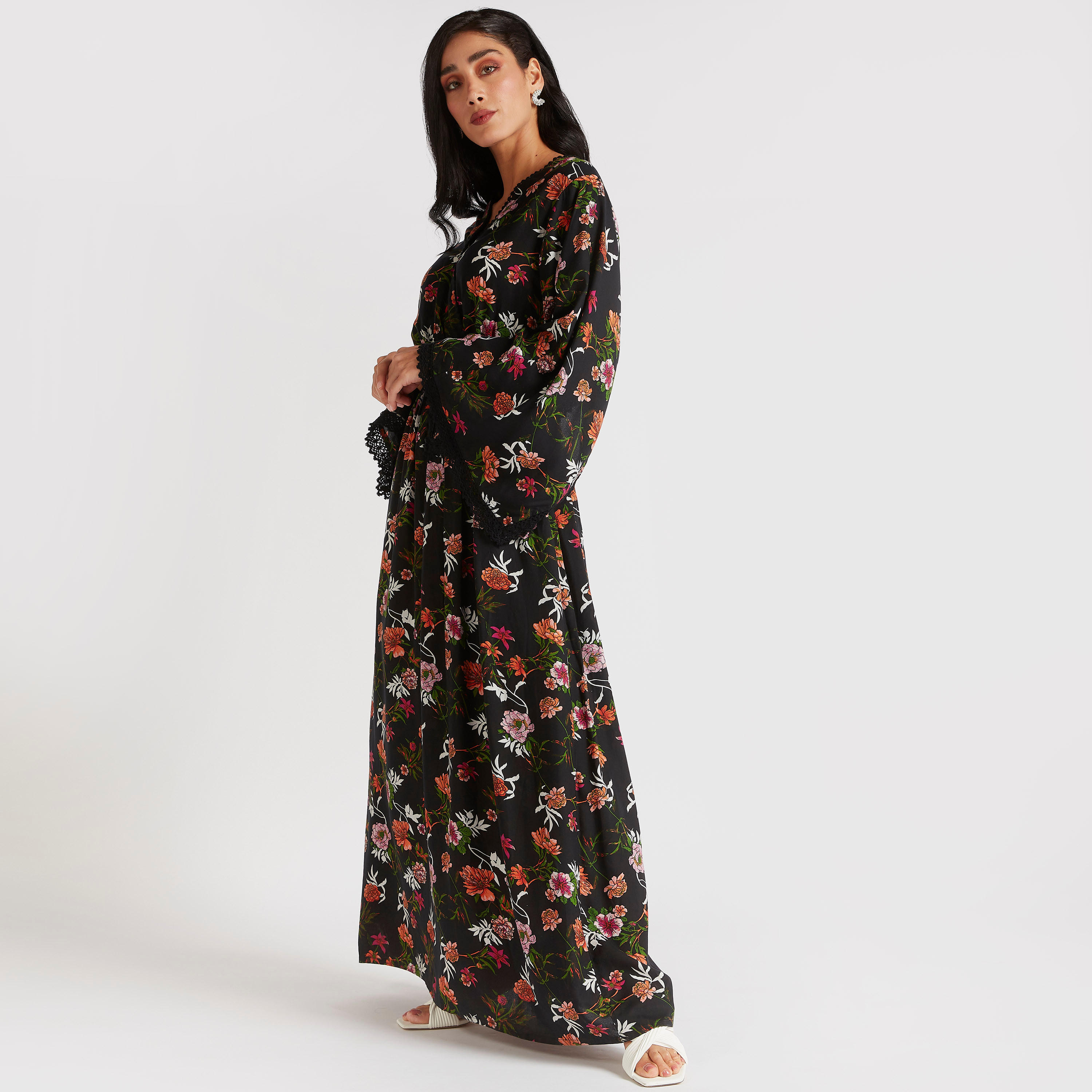 Floral Print Maxi Dress with Flared Sleeves & Lace Detail-women-clothing-dresses-image-2