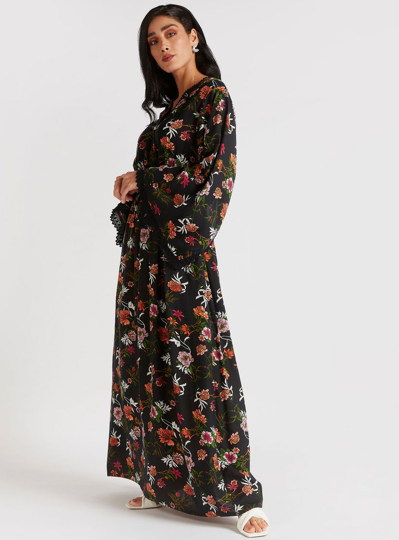 Floral Print Maxi Dress with Flared Sleeves & Lace Detail-women-clothing-dresses-image-2