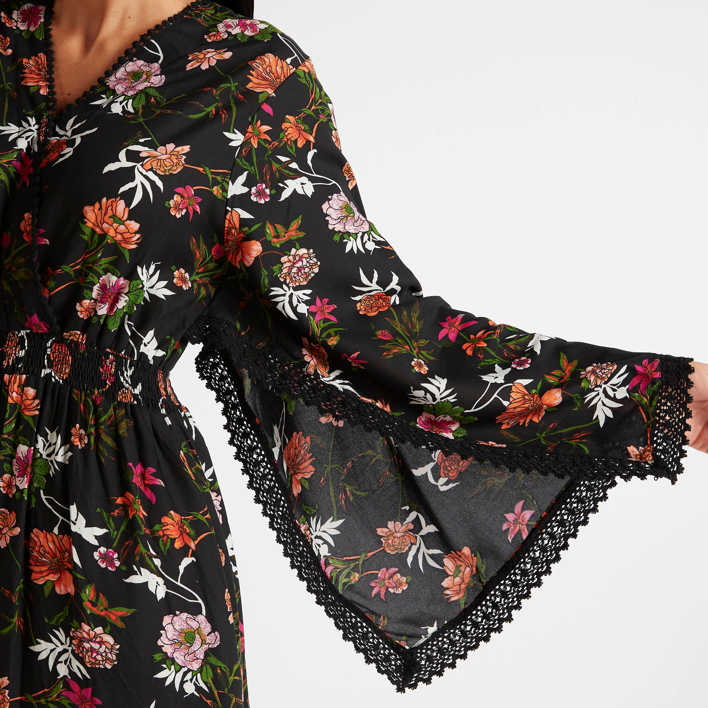 Floral Print Maxi Dress with Flared Sleeves & Lace Detail-women-clothing-dresses-image-3
