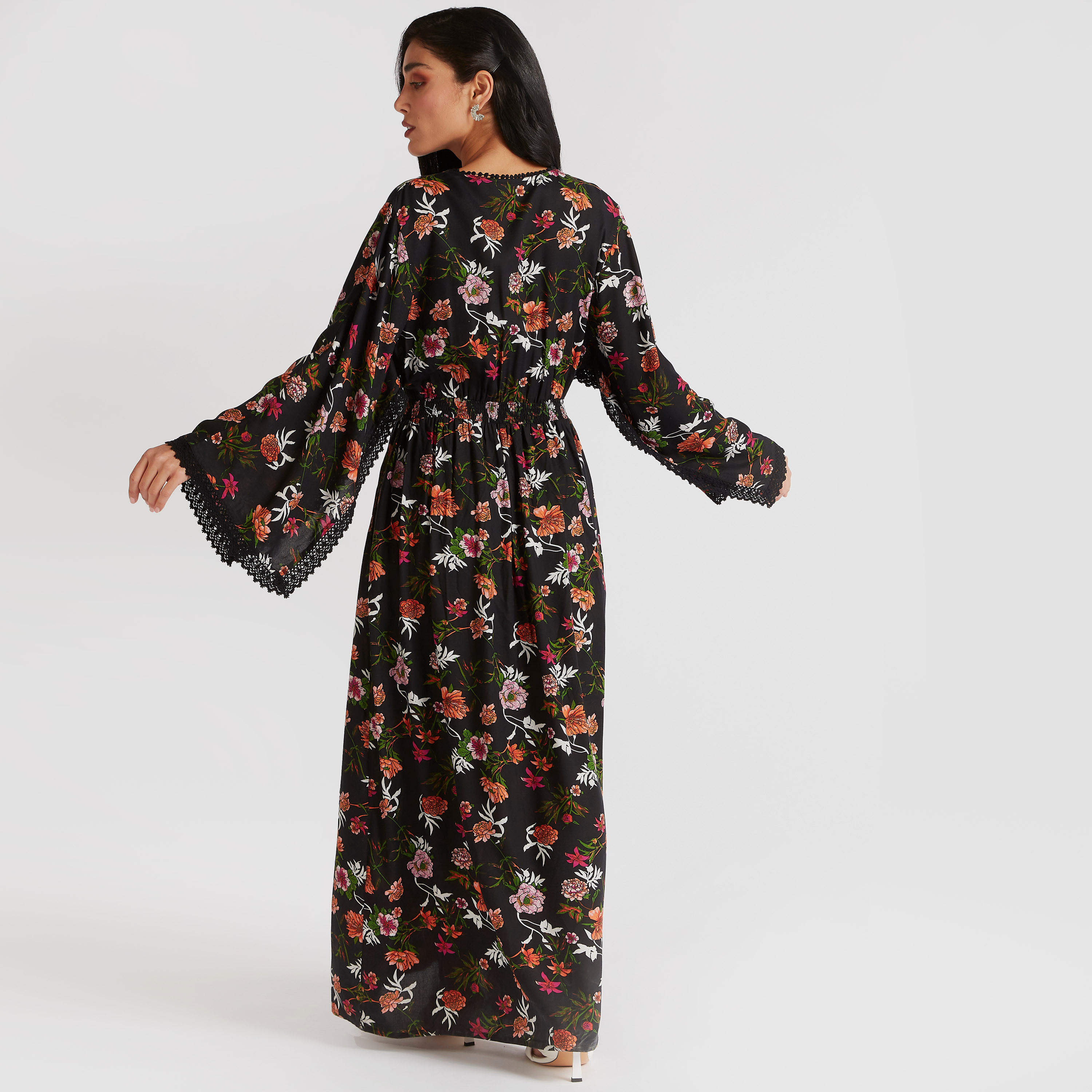 Floral Print Maxi Dress with Flared Sleeves & Lace Detail-women-clothing-dresses-image-4