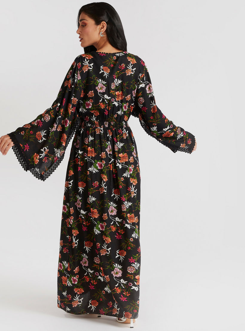 Floral Print Maxi Dress with Flared Sleeves & Lace Detail-women-clothing-dresses-image-4
