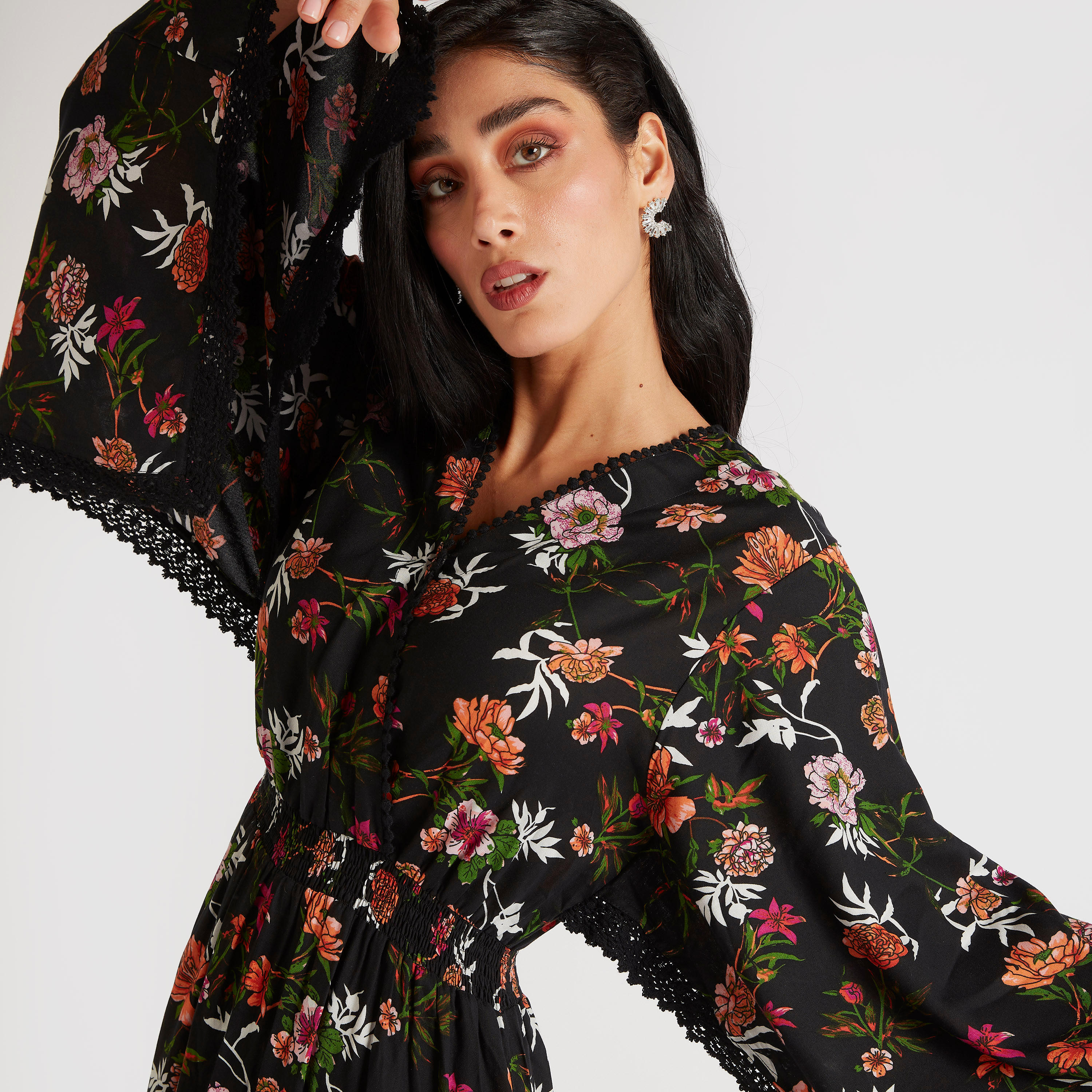 Floral Print Maxi Dress with Flared Sleeves & Lace Detail-women-clothing-dresses-image-5