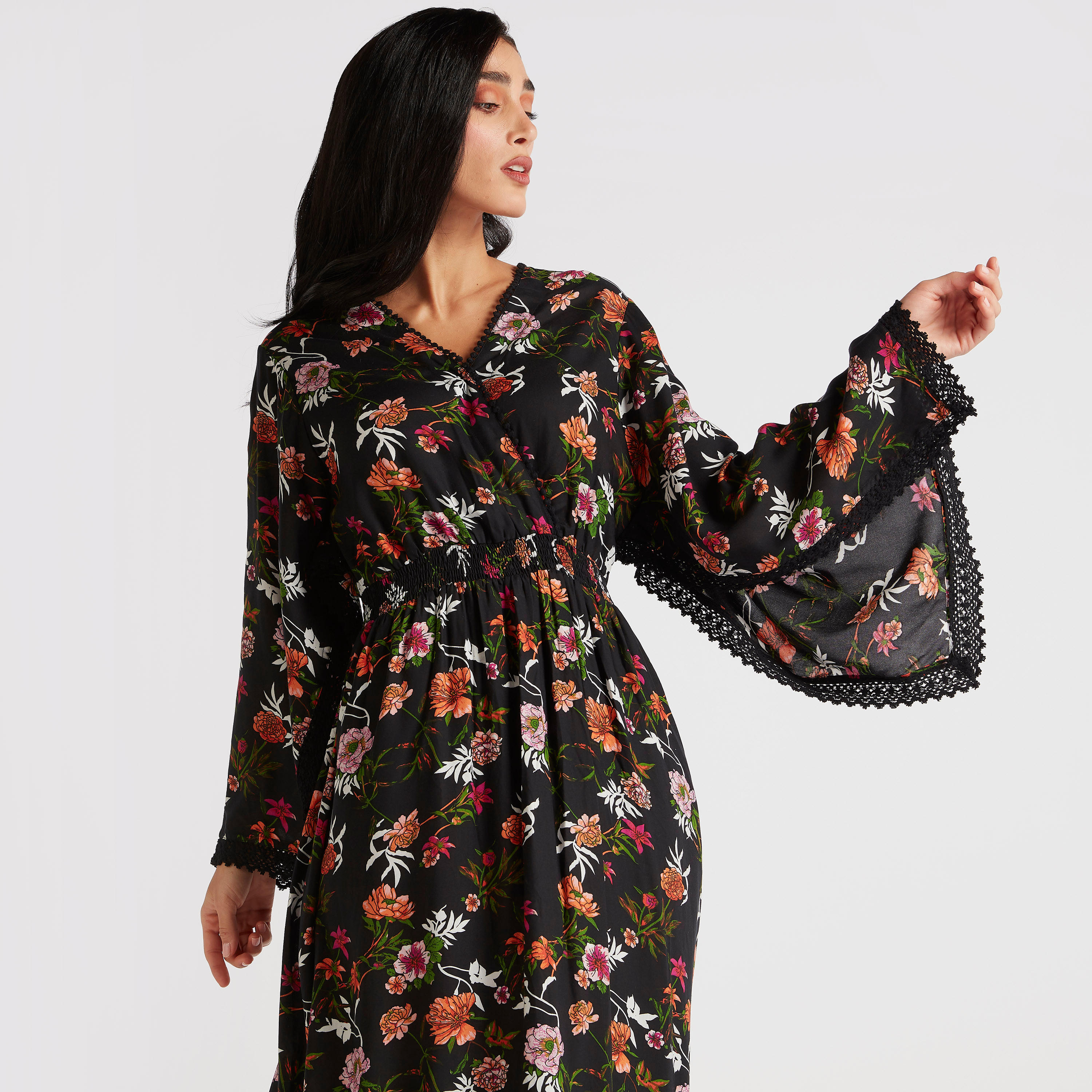 Floral Print Maxi Dress with Flared Sleeves & Lace Detail-women-clothing-dresses-image-6