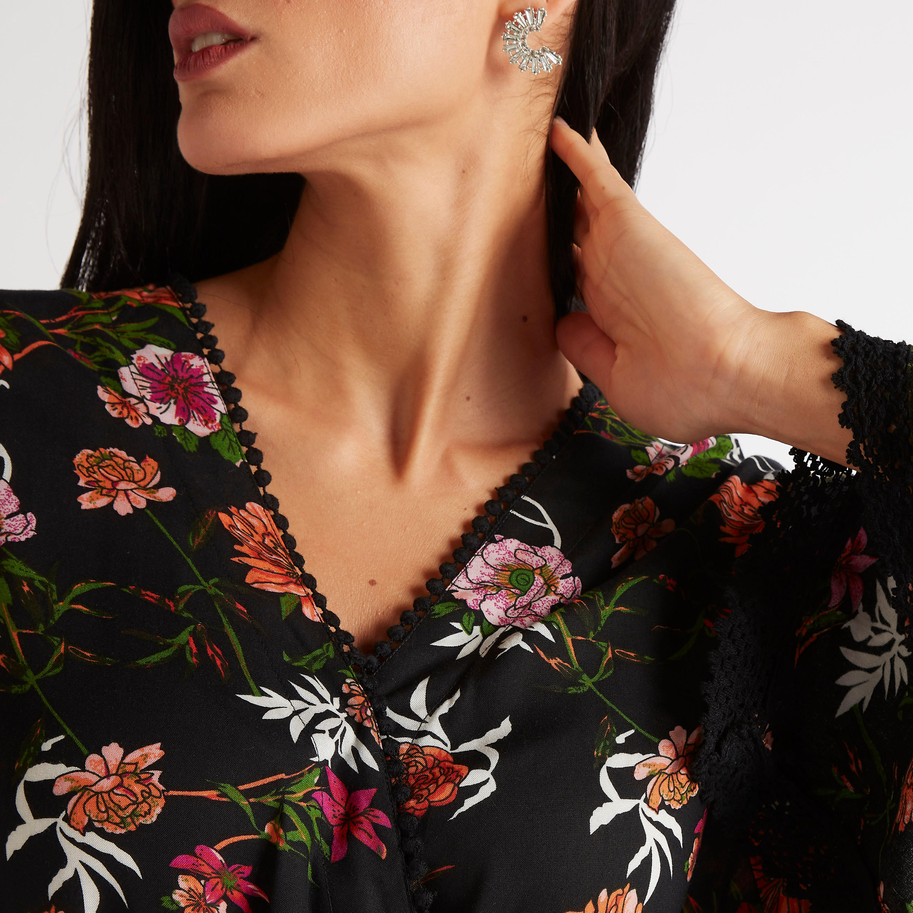 Floral Print Maxi Dress with Flared Sleeves & Lace Detail-women-clothing-dresses-image-7